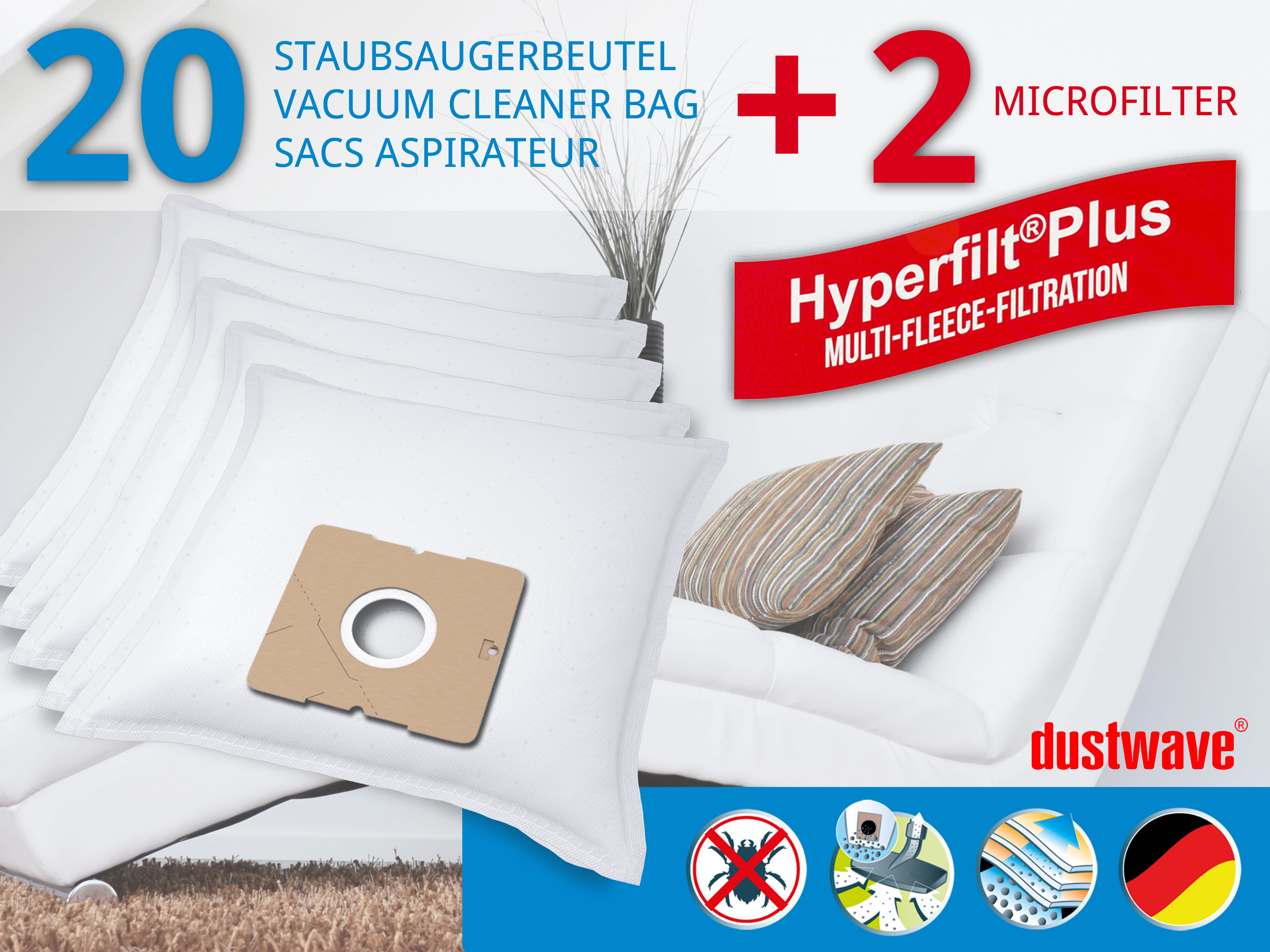 Dustwave® 20 Staubsaugerbeutel für AEG Ergo Essence AE 4500 » AE 4599 - hocheffizient, mehrlagiges Mikrovlies mit Hygieneverschluss - Made in Germany