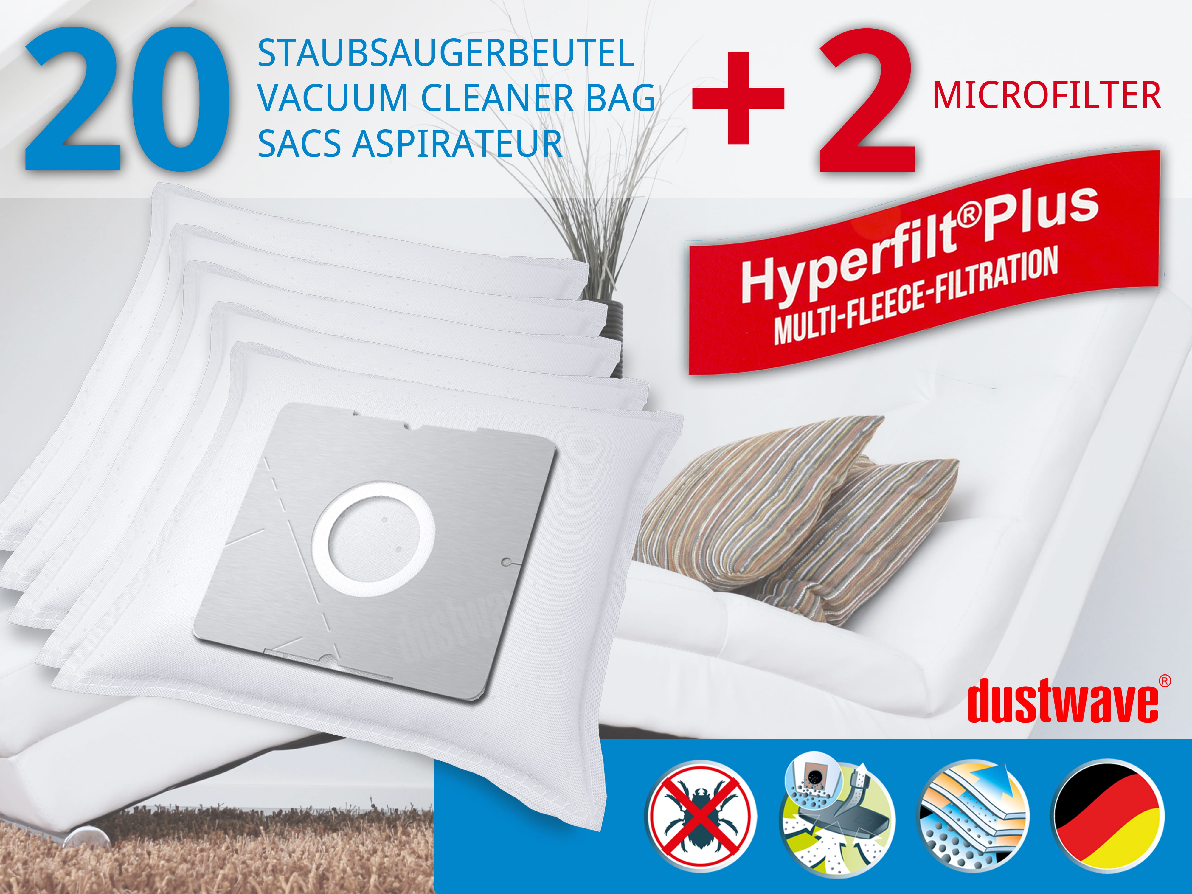 Dustwave® 20 Staubsaugerbeutel für Bliss BS 1400 - hocheffizient, mehrlagiges Mikrovlies mit Hygieneverschluss - Made in Germany