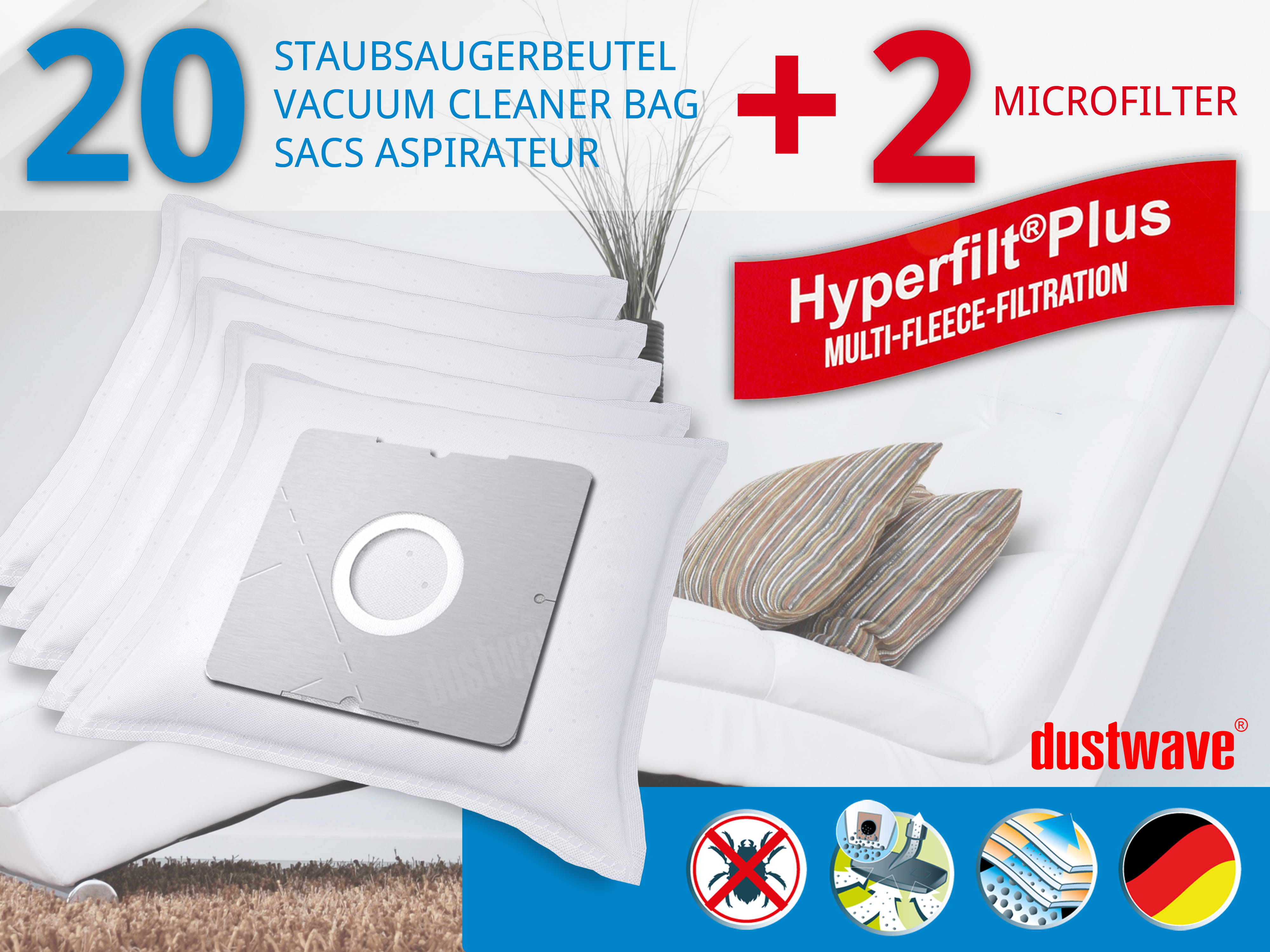 Dustwave® 20 Staubsaugerbeutel für Bliss BS 1400 - hocheffizient, mehrlagiges Mikrovlies mit Hygieneverschluss - Made in Germany Dustwave® 20 Staubsaugerbeutel für Bliss BS 1400 - hocheffizient, mehrlagiges Mikrovlies mit Hygieneverschluss - Made in Germany