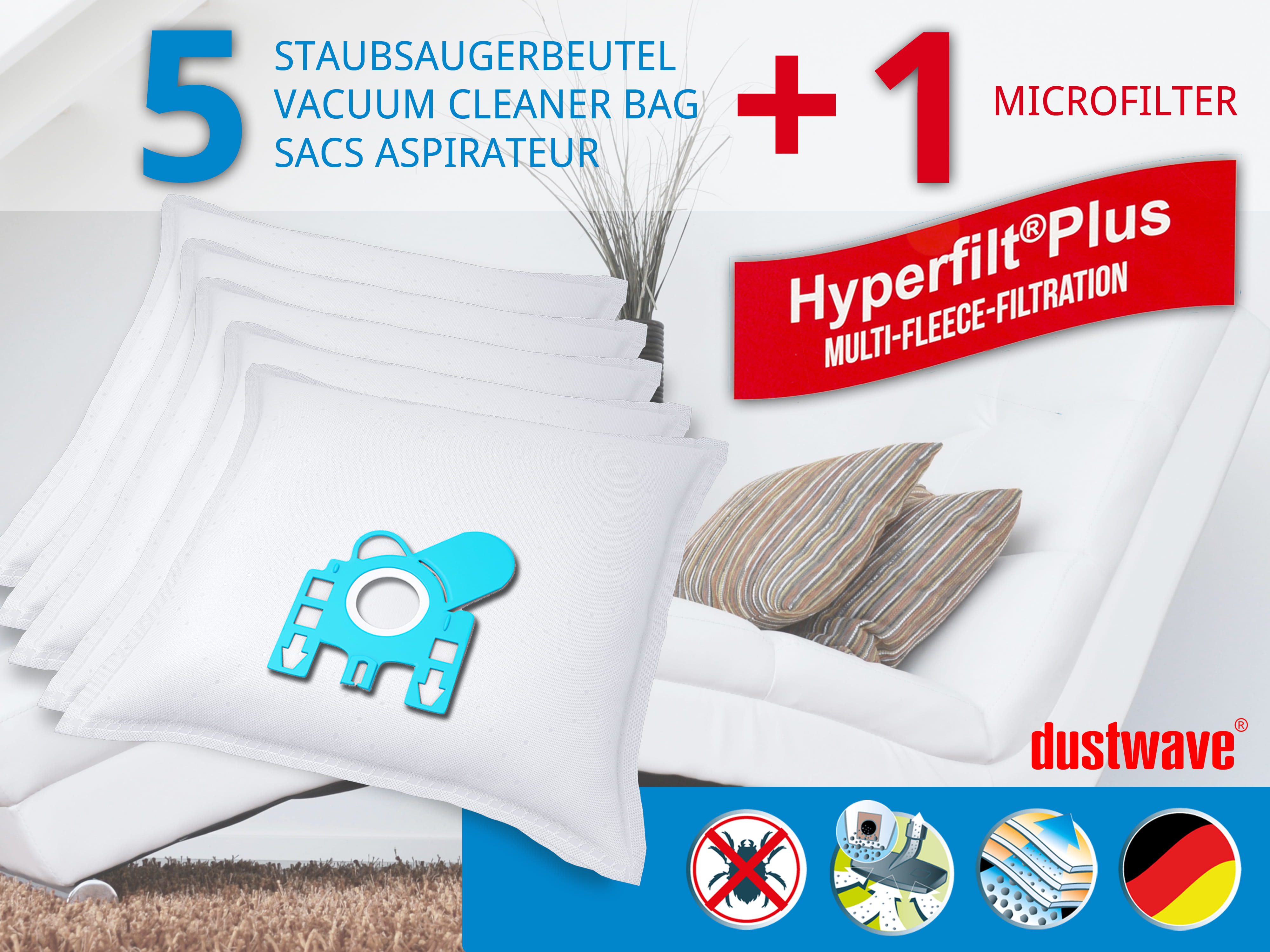 Dustwave® 5 Staubsaugerbeutel für Miele Clean - hocheffizient, mehrlagiges Mikrovlies mit Hygieneverschluss - Made in Germany