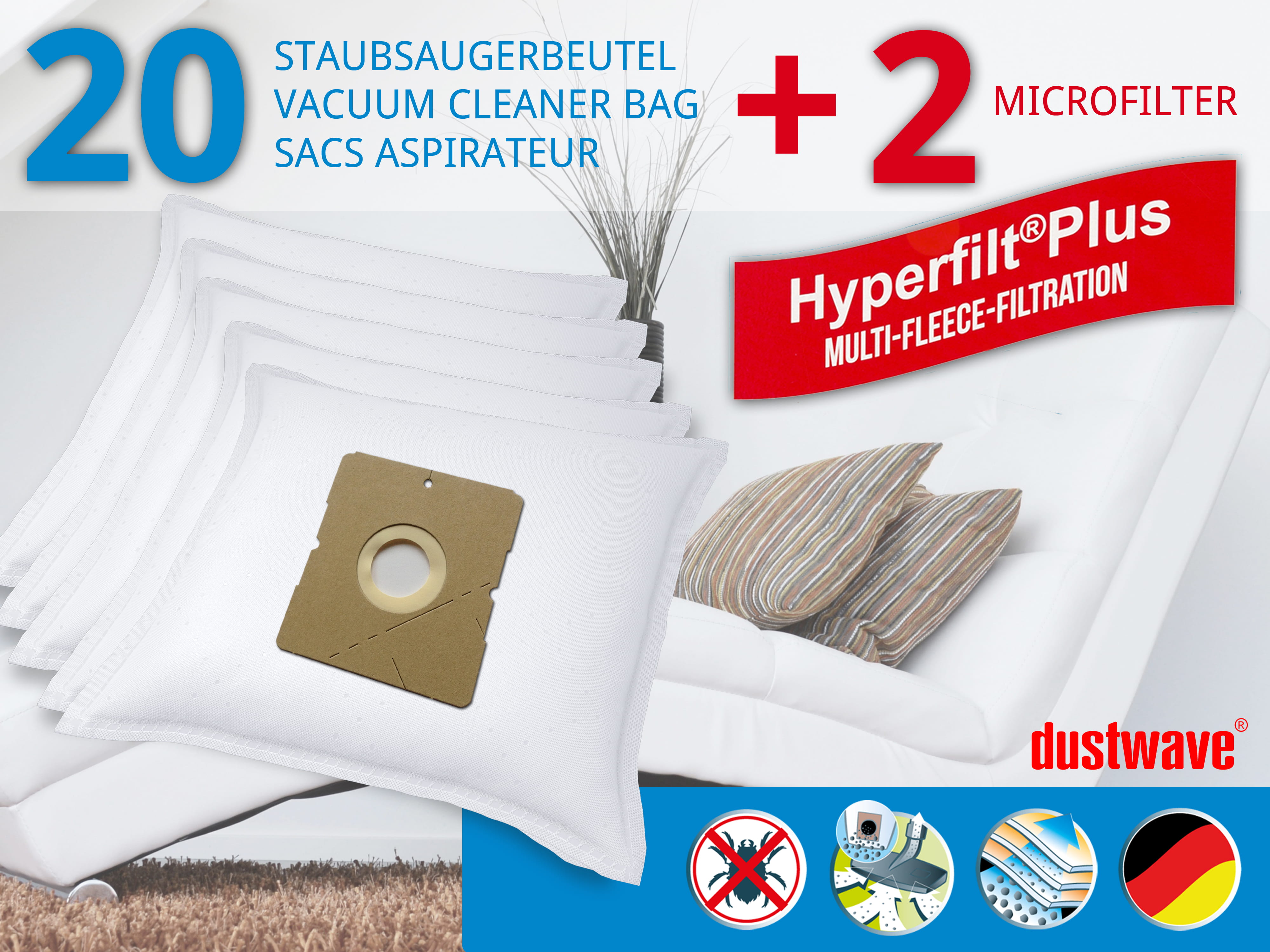 Dustwave® 20 Staubsaugerbeutel für Hoover TDC2000 001 - hocheffizient, mehrlagiges Mikrovlies mit Hygieneverschluss - Made in Germany