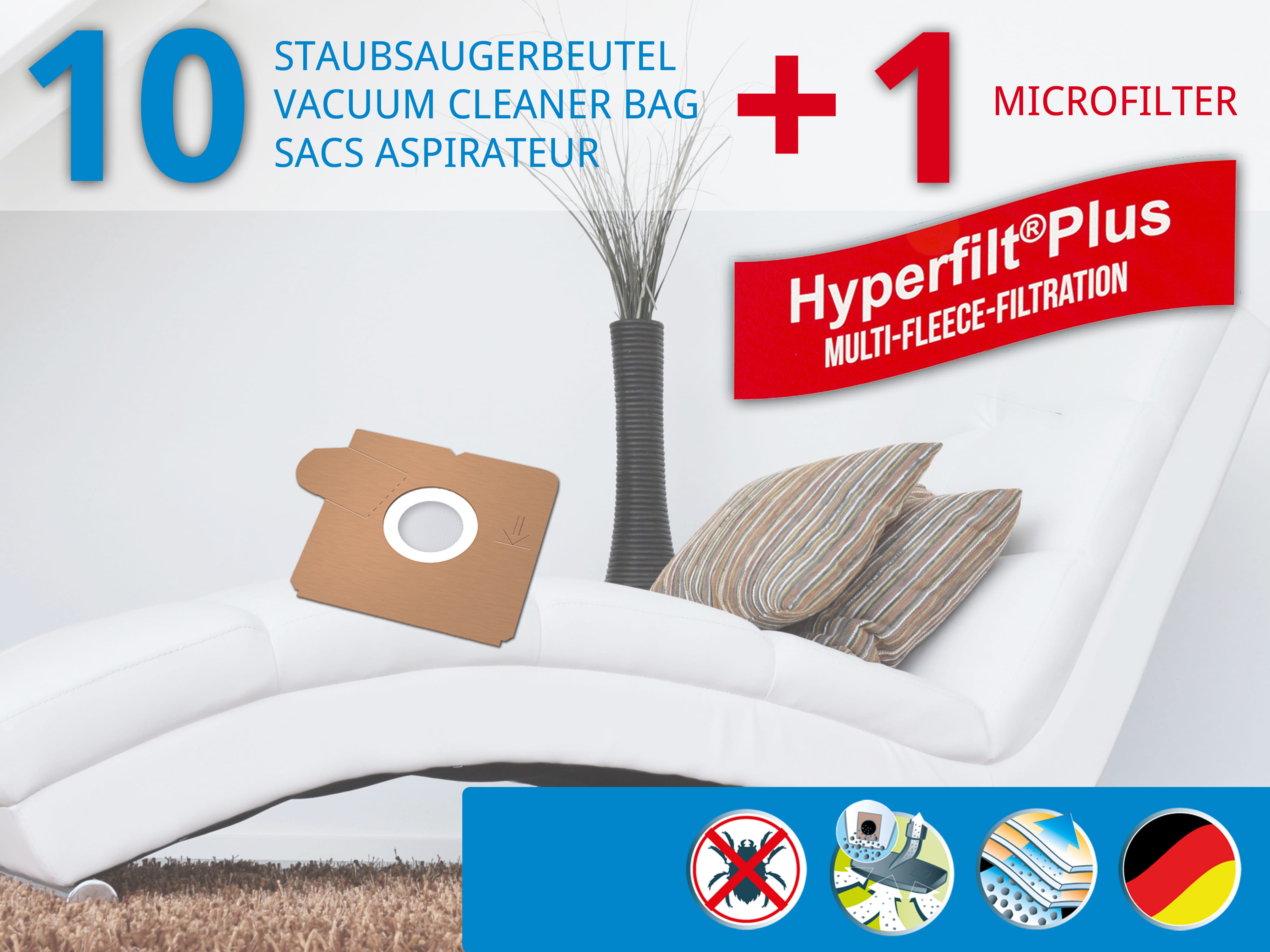 Dustwave® 10 Staubsaugerbeutel für AquaPur AE 600 - hocheffizient, mehrlagiges Mikrovlies mit Hygieneverschluss - Made in Germany