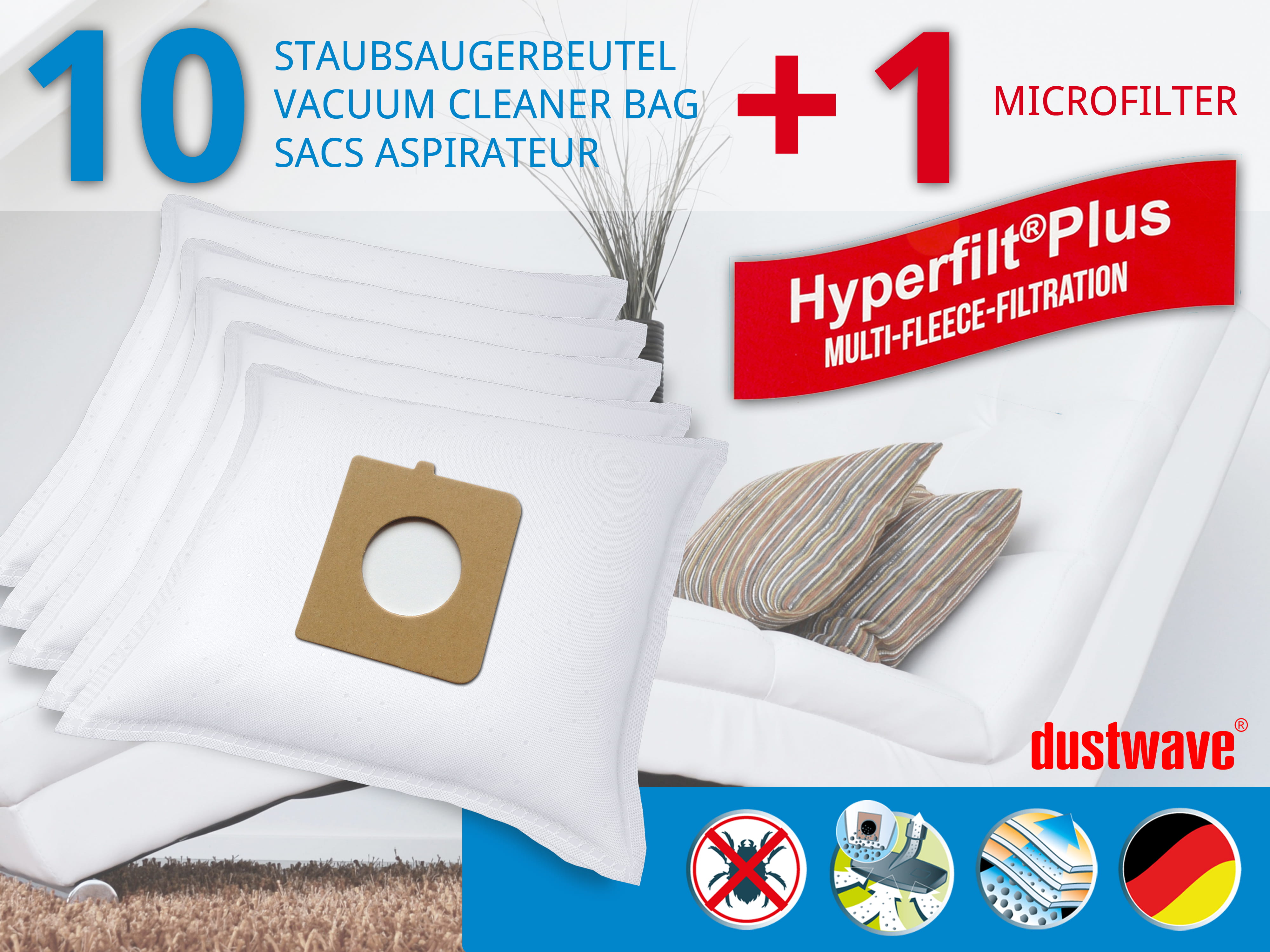 Dustwave® 10 Staubsaugerbeutel für Hoover TX63SE 011 Telios Extra - hocheffizient, mehrlagiges Mikrovlies mit Hygieneverschluss - Made in Germany