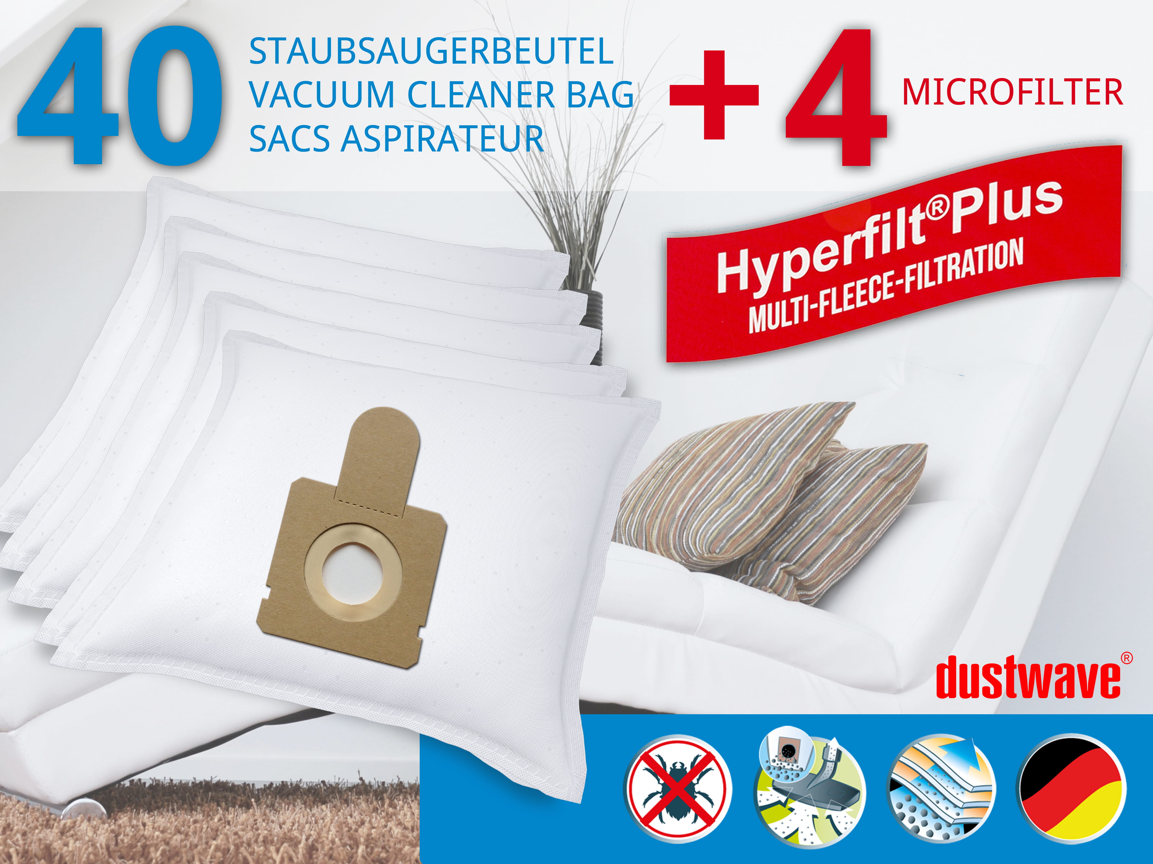 Dustwave® 40 Staubsaugerbeutel für Blue Sky TI 1400 / TI1400 - hocheffizient, mehrlagiges Mikrovlies mit Hygieneverschluss - Made in Germany