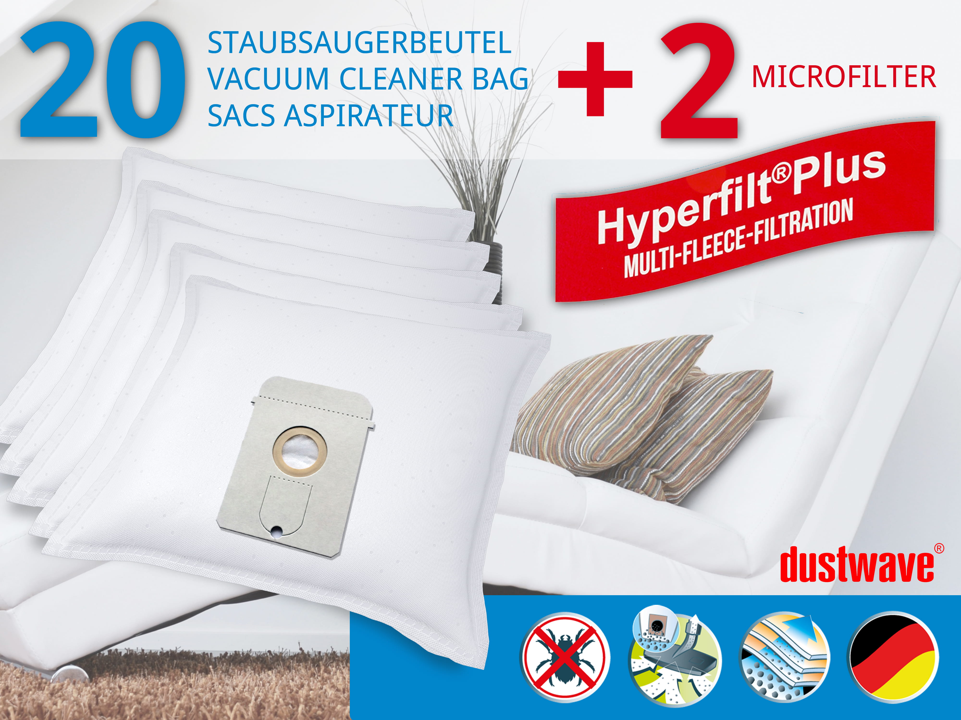 Dustwave® 20 Staubsaugerbeutel für AEG Vampyr 831 i - hocheffizient, mehrlagiges Mikrovlies mit Hygieneverschluss - Made in Germany
