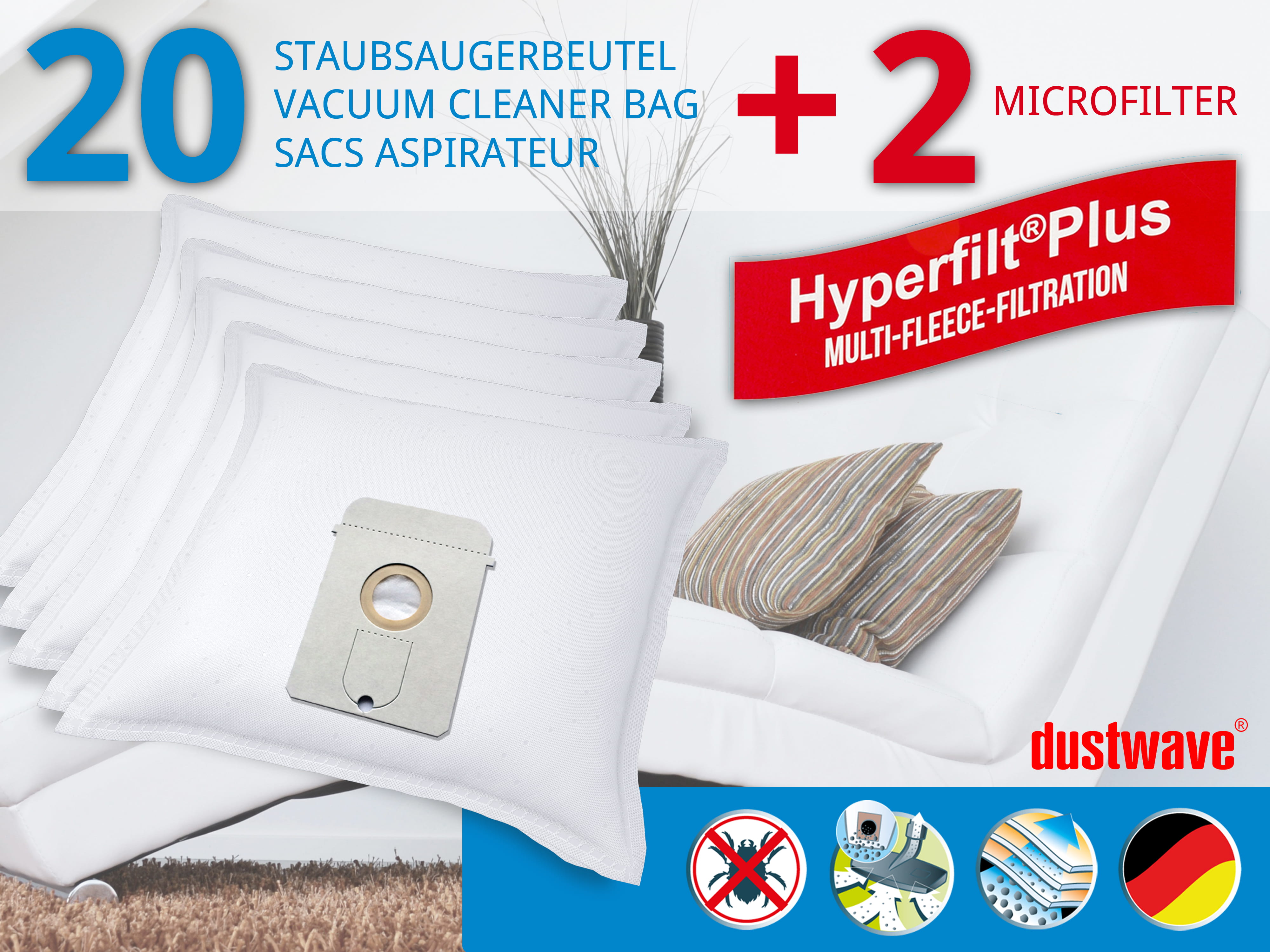 Dustwave® 20 Staubsaugerbeutel für AEG Vampyr 6200 Electronic - hocheffizient, mehrlagiges Mikrovlies mit Hygieneverschluss - Made in Germany