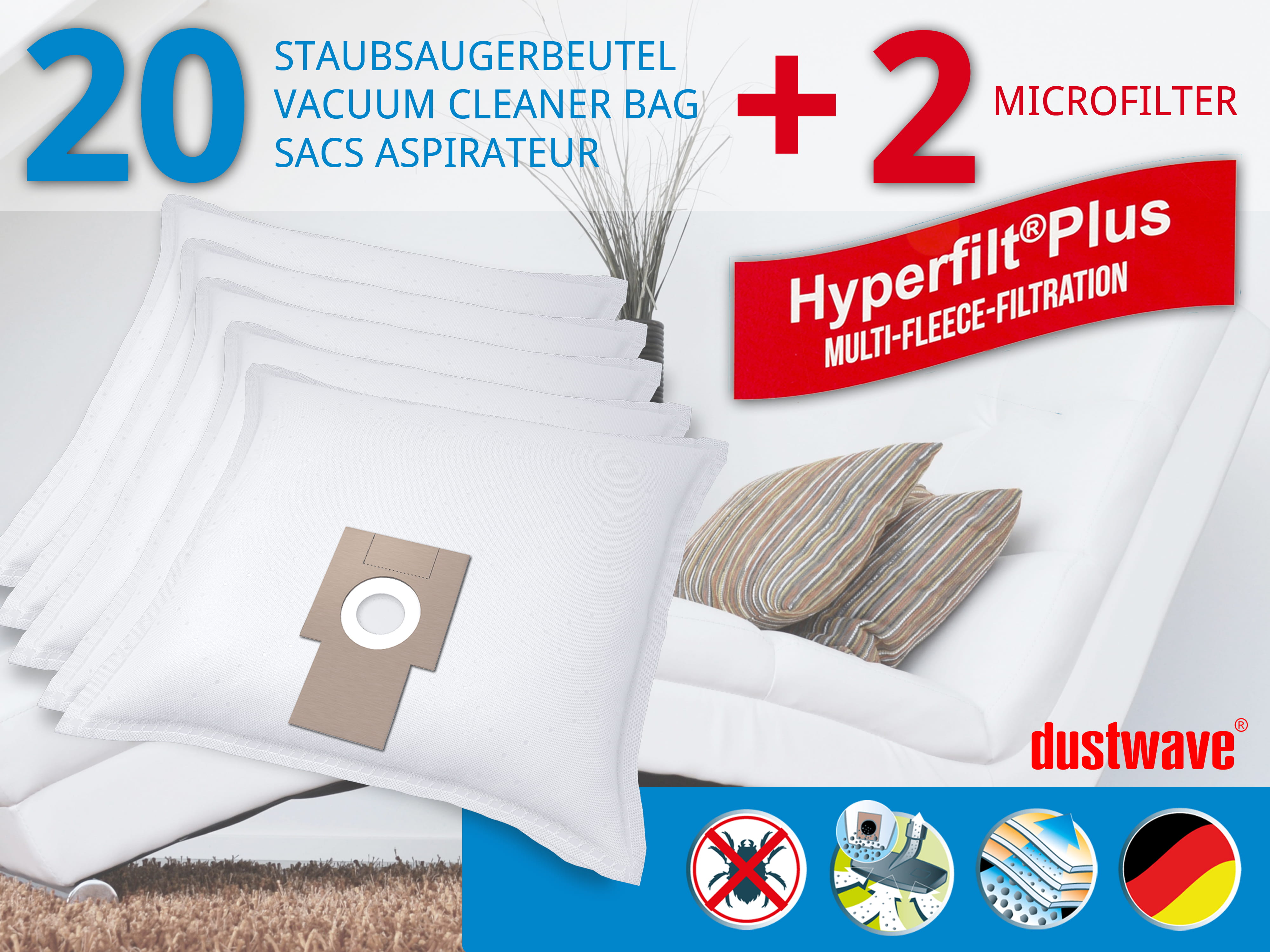 20 Staubsaugerbeutel + 2 Filter mehrlagiges Micro-Vlies für SIEMENS, BOSCH geeignet und kompatibel mit Swirl S71 - dustwave® Markenstaubbeutel Made in Germany