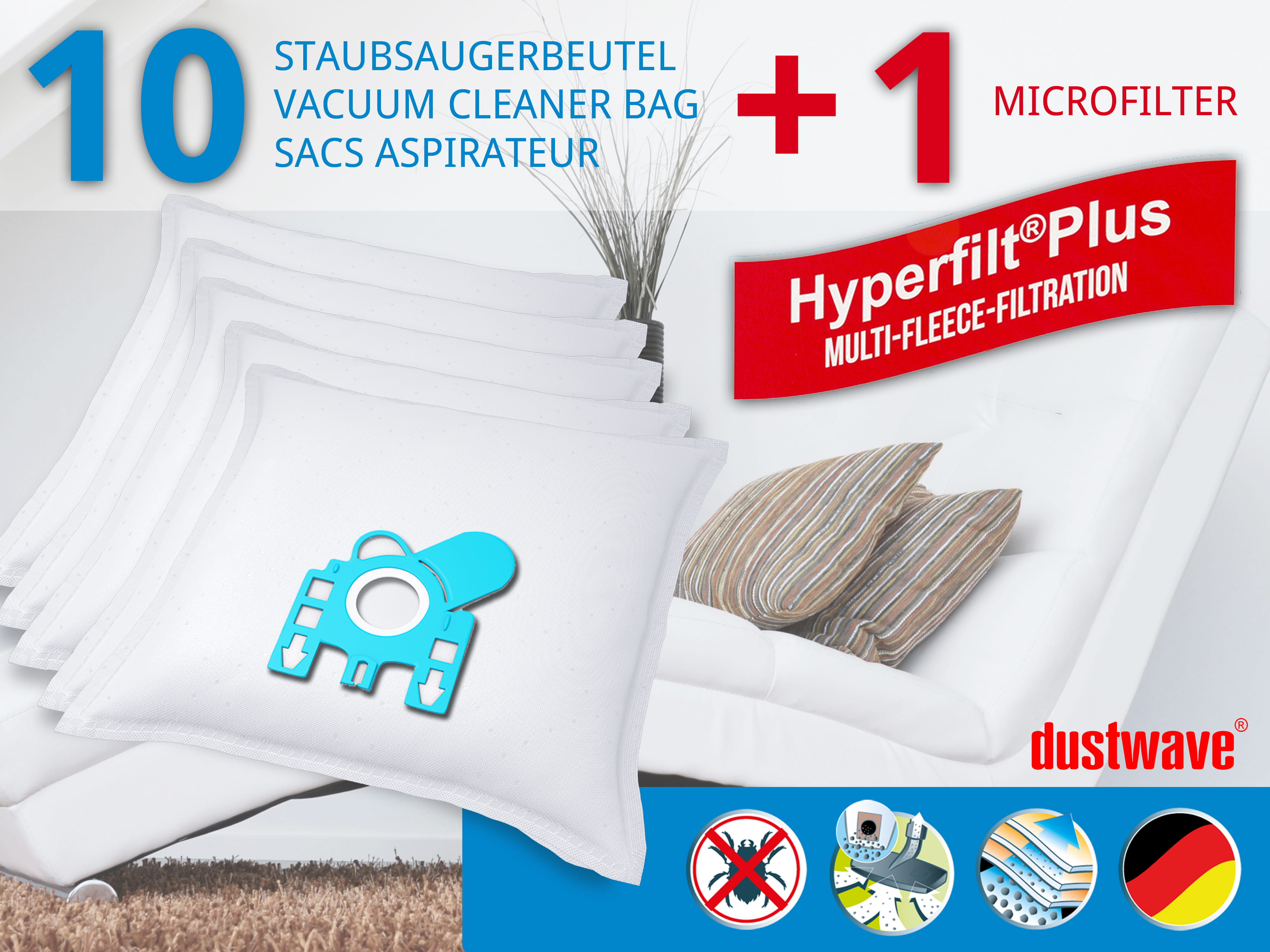 Dustwave® 10 Staubsaugerbeutel für Hoover Micro Power SC 125 - hocheffizient, mehrlagiges Mikrovlies mit Hygieneverschluss - Made in Germany