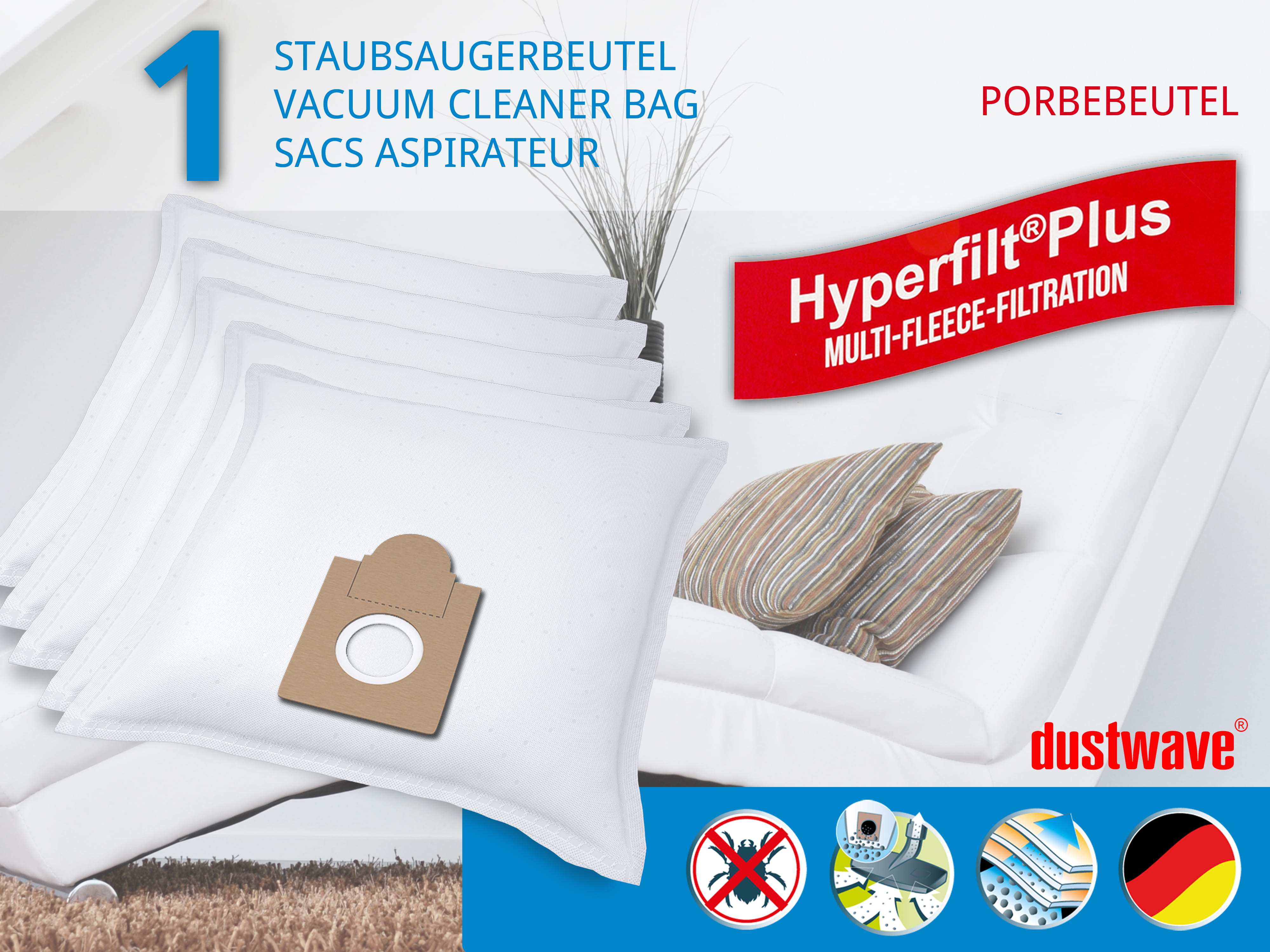 Dustwave® 1 Staubsaugerbeutel für Alaska BS 1600 - hocheffizient mit Hygieneverschluss - Made in Germany