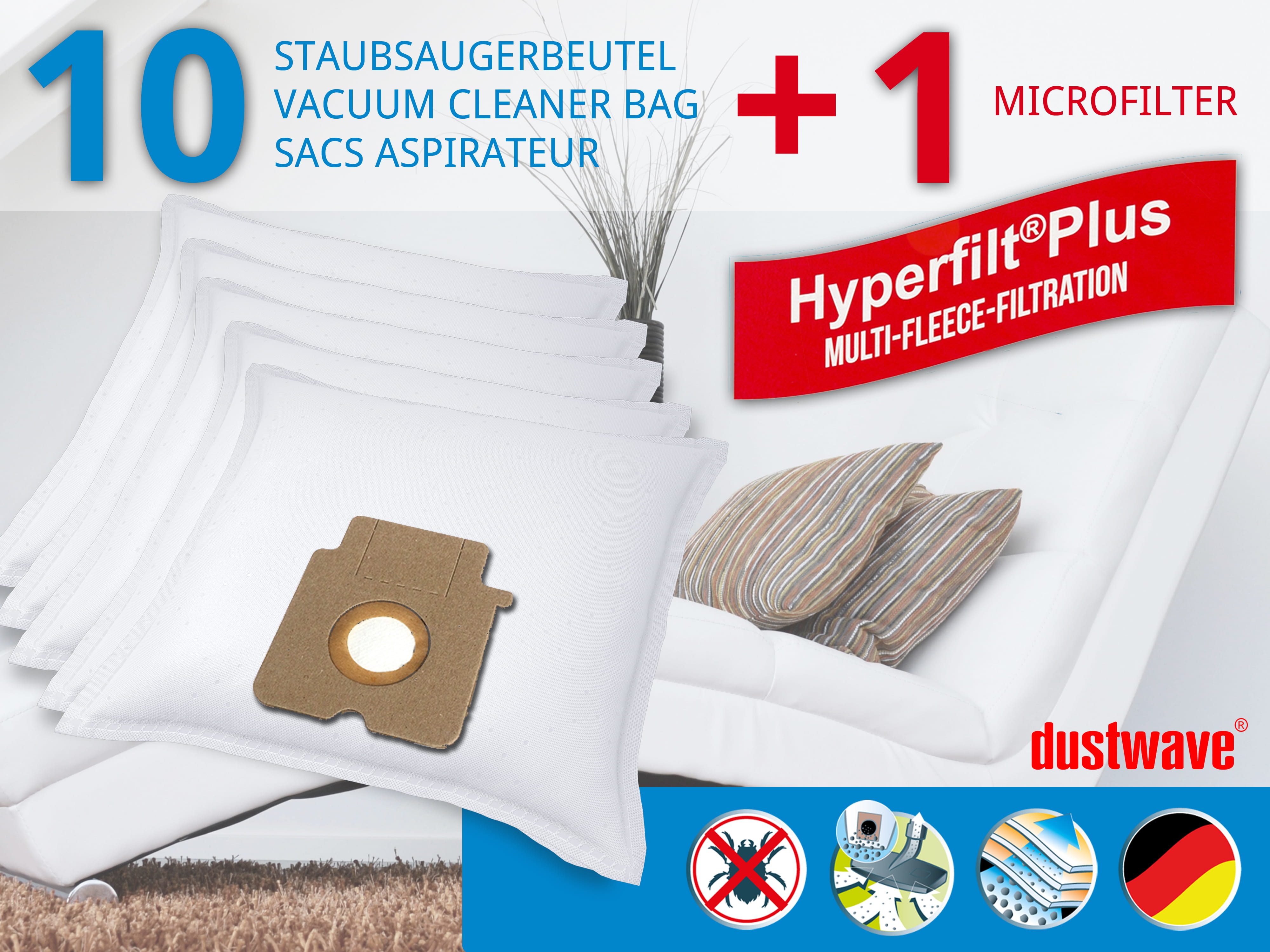 Dustwave® 10 Staubsaugerbeutel für Black &amp; Decker V 72 / V72 - hocheffizient, mehrlagiges Mikrovlies mit Hygieneverschluss - Made in Germany