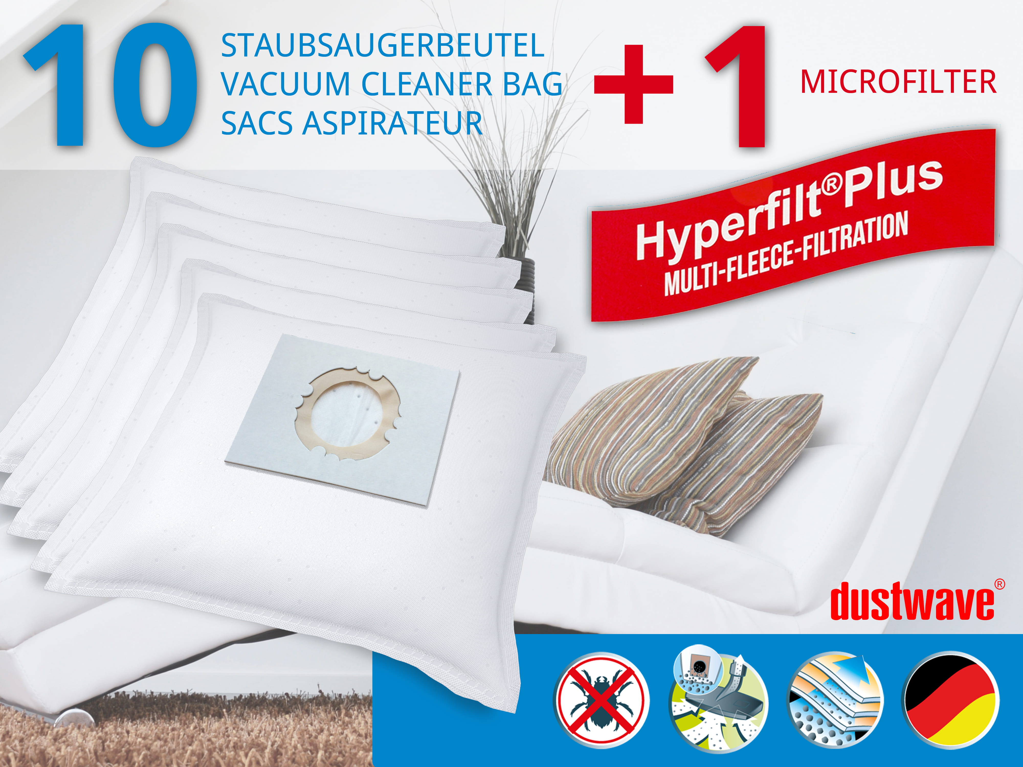 Dustwave® 10 Staubsaugerbeutel für Hoover BD SX2056 021 - hocheffizient, mehrlagiges Mikrovlies mit Hygieneverschluss - Made in Germany