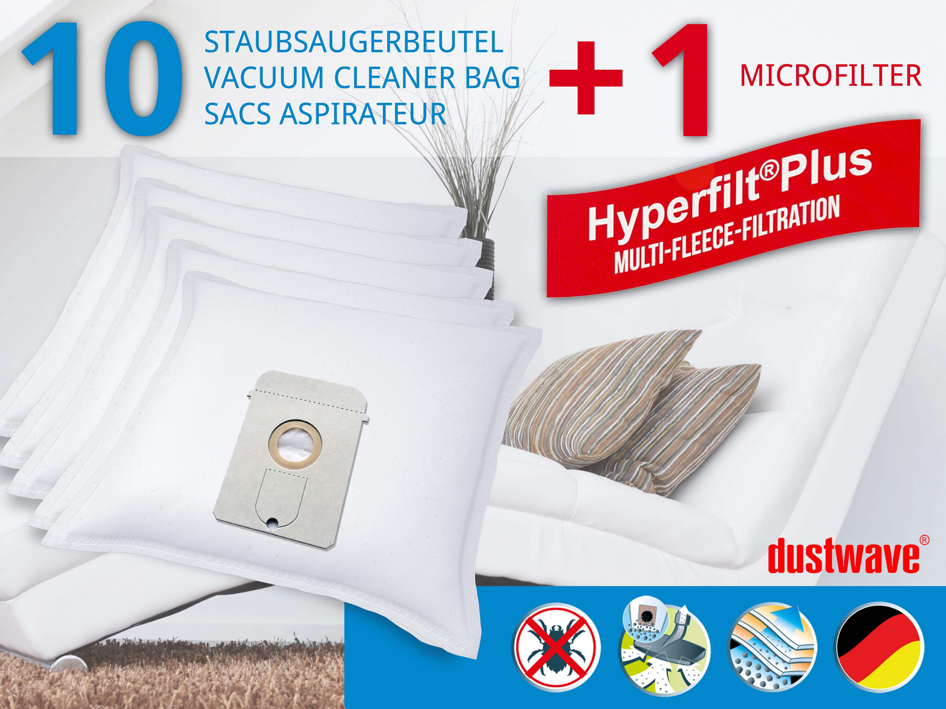 Dustwave® 10 Staubsaugerbeutel für AEG Vampyr 7208 Carat - hocheffizient, mehrlagiges Mikrovlies mit Hygieneverschluss - Made in Germany