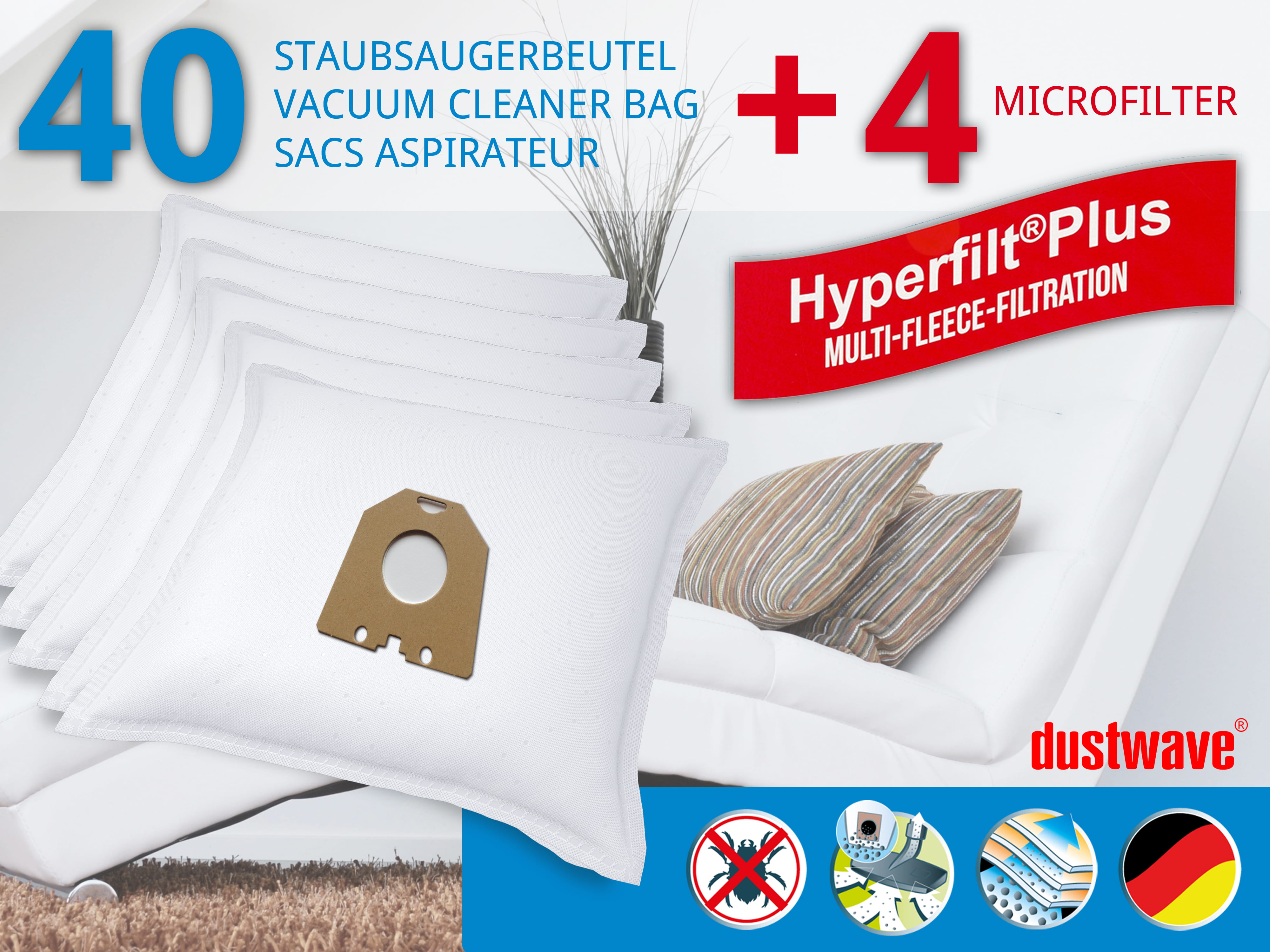 40 Staubsaugerbeutel + 4 Filter mehrlagiges Micro-Vlies für PHILIPS, NILFISK u.a. geeignet und kompatibel mit Swirl PH84 - dustwave® Markenstaubbeutel Made in Germany
