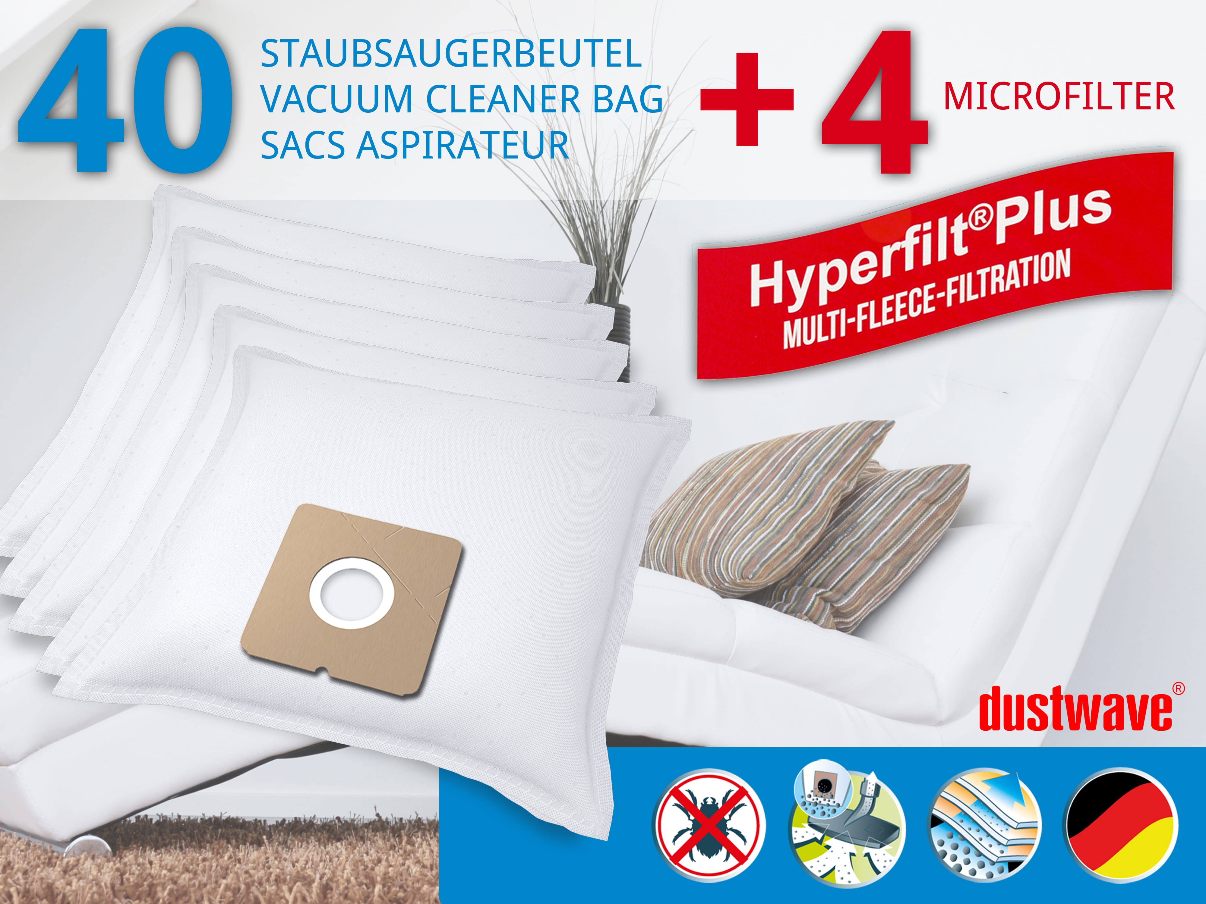Dustwave® 40 Staubsaugerbeutel für Hoover H 55 / H55 - hocheffizient, mehrlagiges Mikrovlies mit Hygieneverschluss - Made in Germany