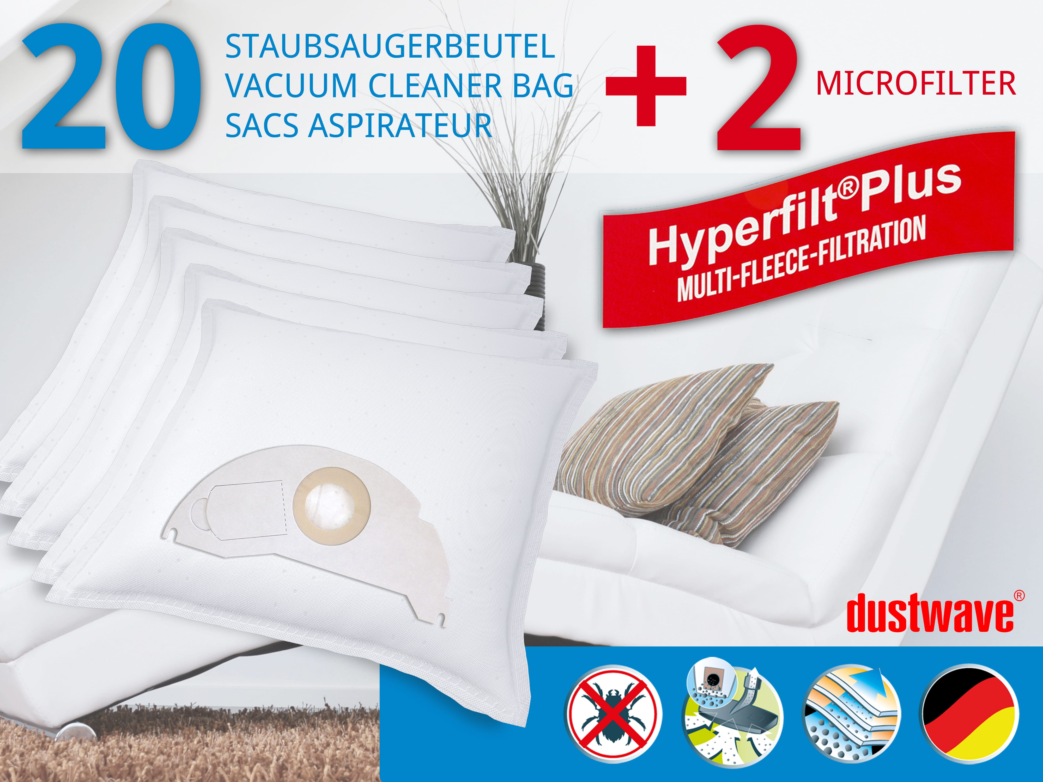 Dustwave® 20 Staubsaugerbeutel für Hoover BD S5125001 - hocheffizient, mehrlagiges Mikrovlies mit Hygieneverschluss - Made in Germany