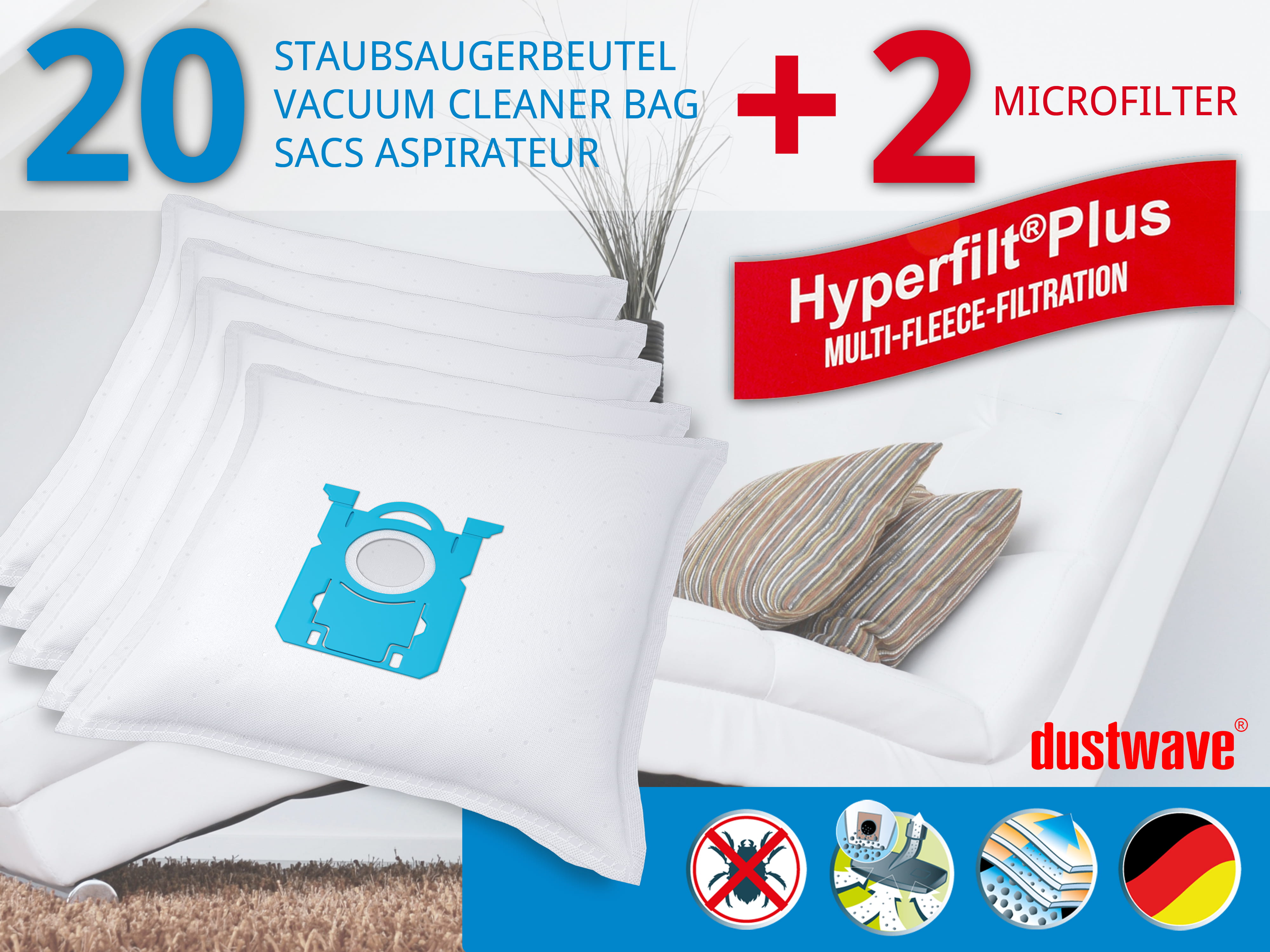 Dustwave® 20 Staubsaugerbeutel für AEG AUS 3931CP Ultra Silencer - hocheffizient, mehrlagiges Mikrovlies mit Hygieneverschluss - Made in Germany