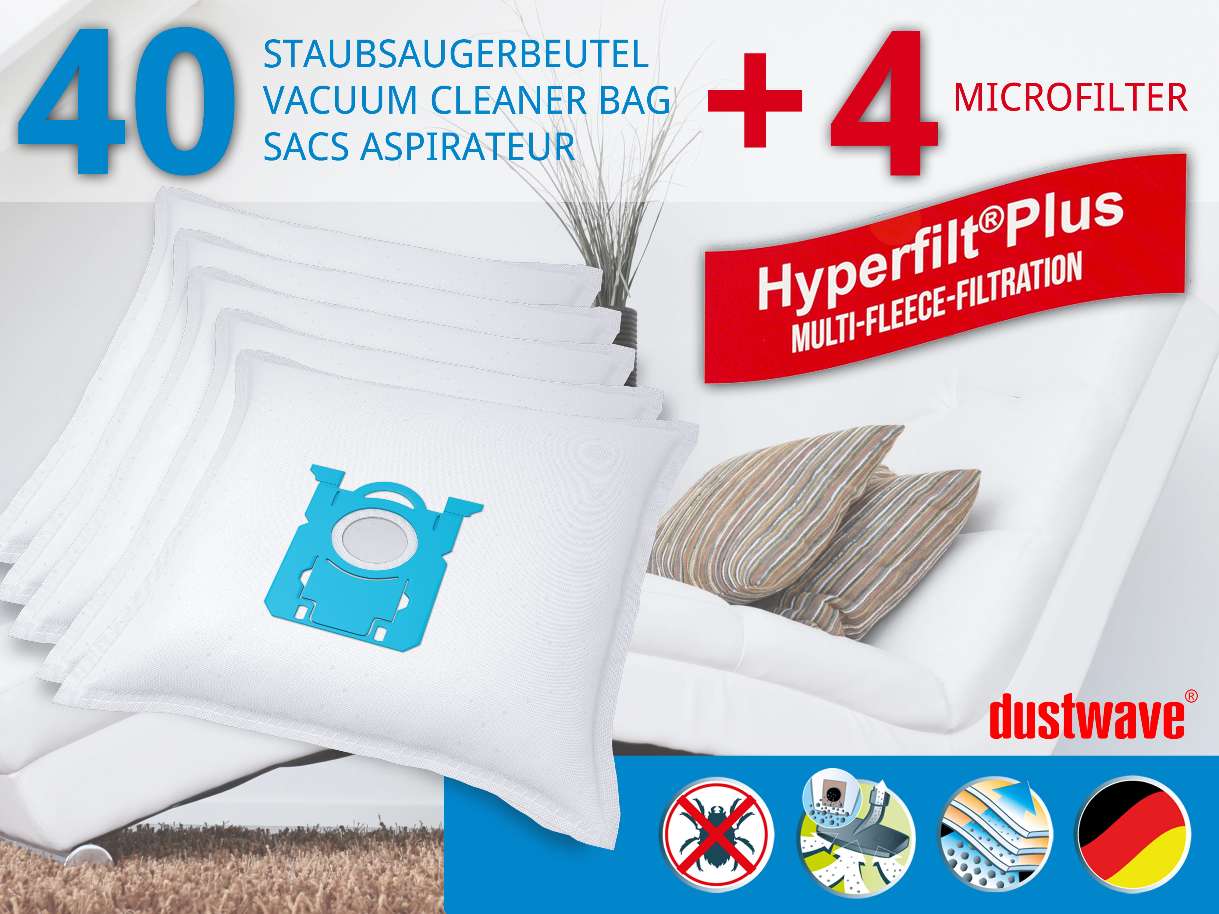 Dustwave® 40 Staubsaugerbeutel für AEG GR203 / Größe 203 - hocheffizient, mehrlagiges Mikrovlies mit Hygieneverschluss - Made in Germany