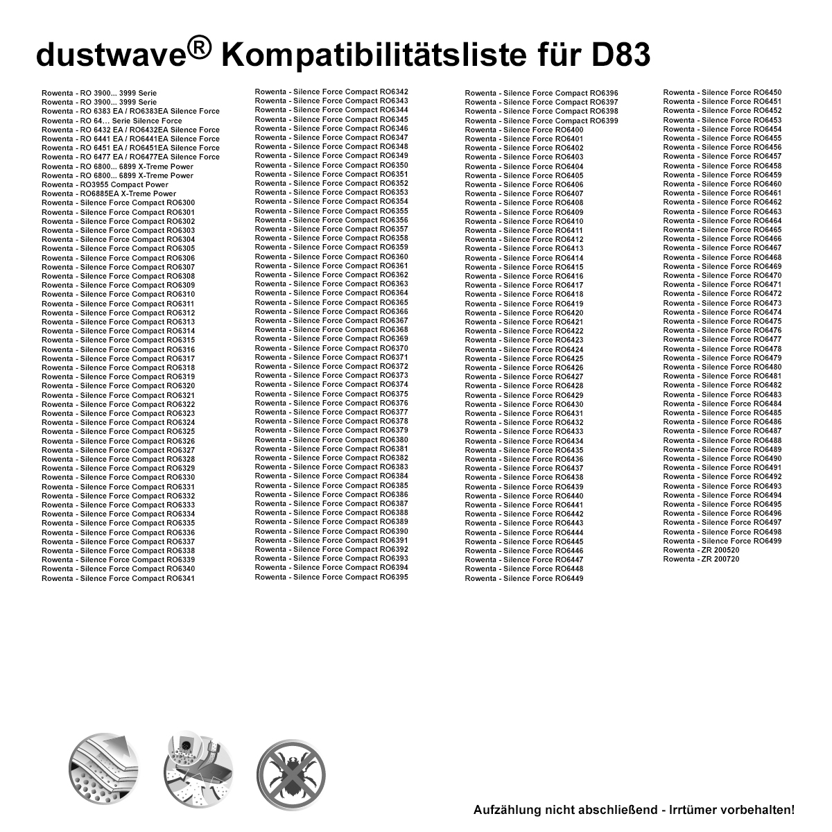 1x dustwave® Staubsaugerbeutel für Rowenta Compact Power RO3927EA–RO3995EA, Silence Force Compact RO6327EA–RO6383EA, RO6432EA–RO6497EA, X-Treme Power RO6821EA-RO6887EA, RO7476EA-RO7485EA