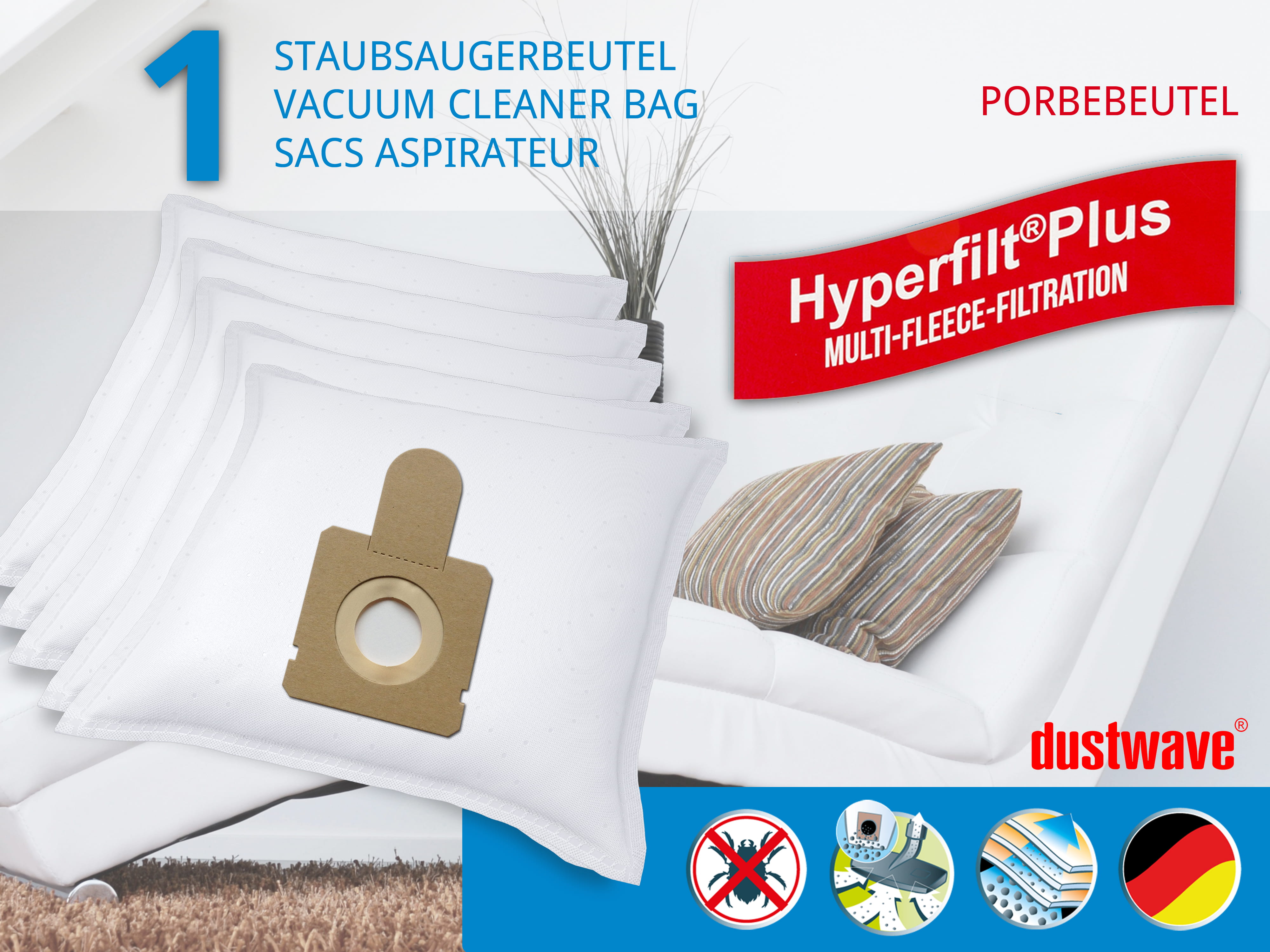 Dustwave® 1 Staubsaugerbeutel für SWIRL X 350 - hocheffizient, mehrlagiges Mikrovlies mit Hygieneverschluss - Made in Germany