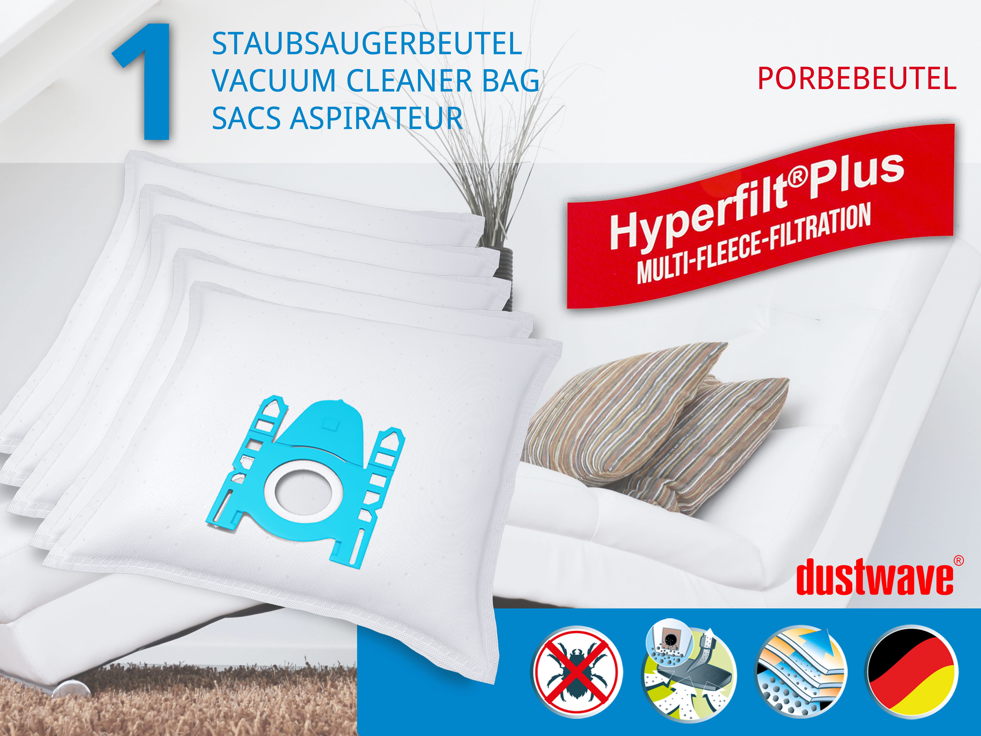 Dustwave® 1 Staubsaugerbeutel für Baur 340.171 / 340-171 - hocheffizient mit Hygieneverschluss - Made in Germany