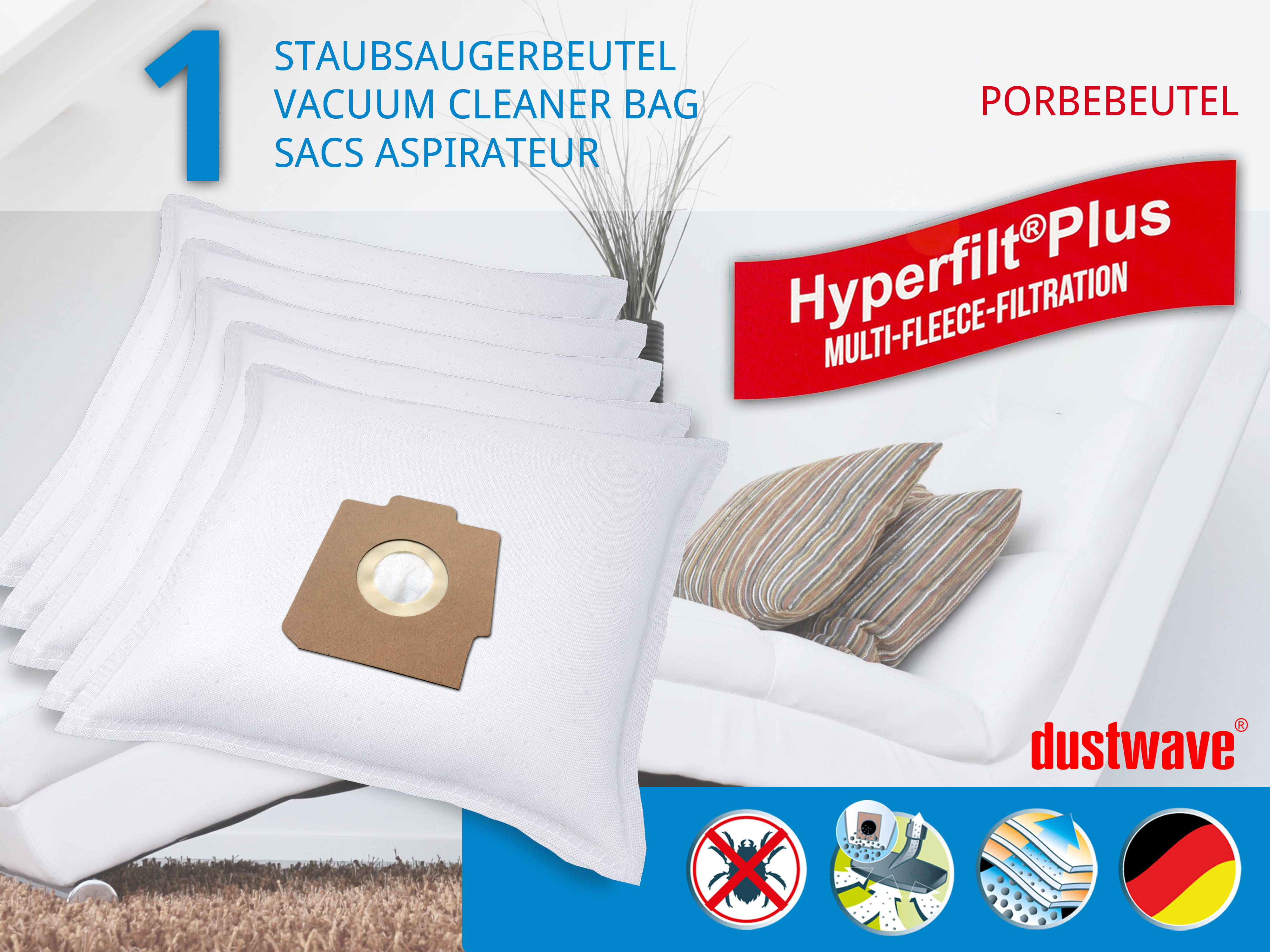 Dustwave® 1 Staubsaugerbeutel für Hoover SC260... / TRSC260 Alpina - hocheffizient, mehrlagiges Mikrovlies mit Hygieneverschluss - Made in Germany