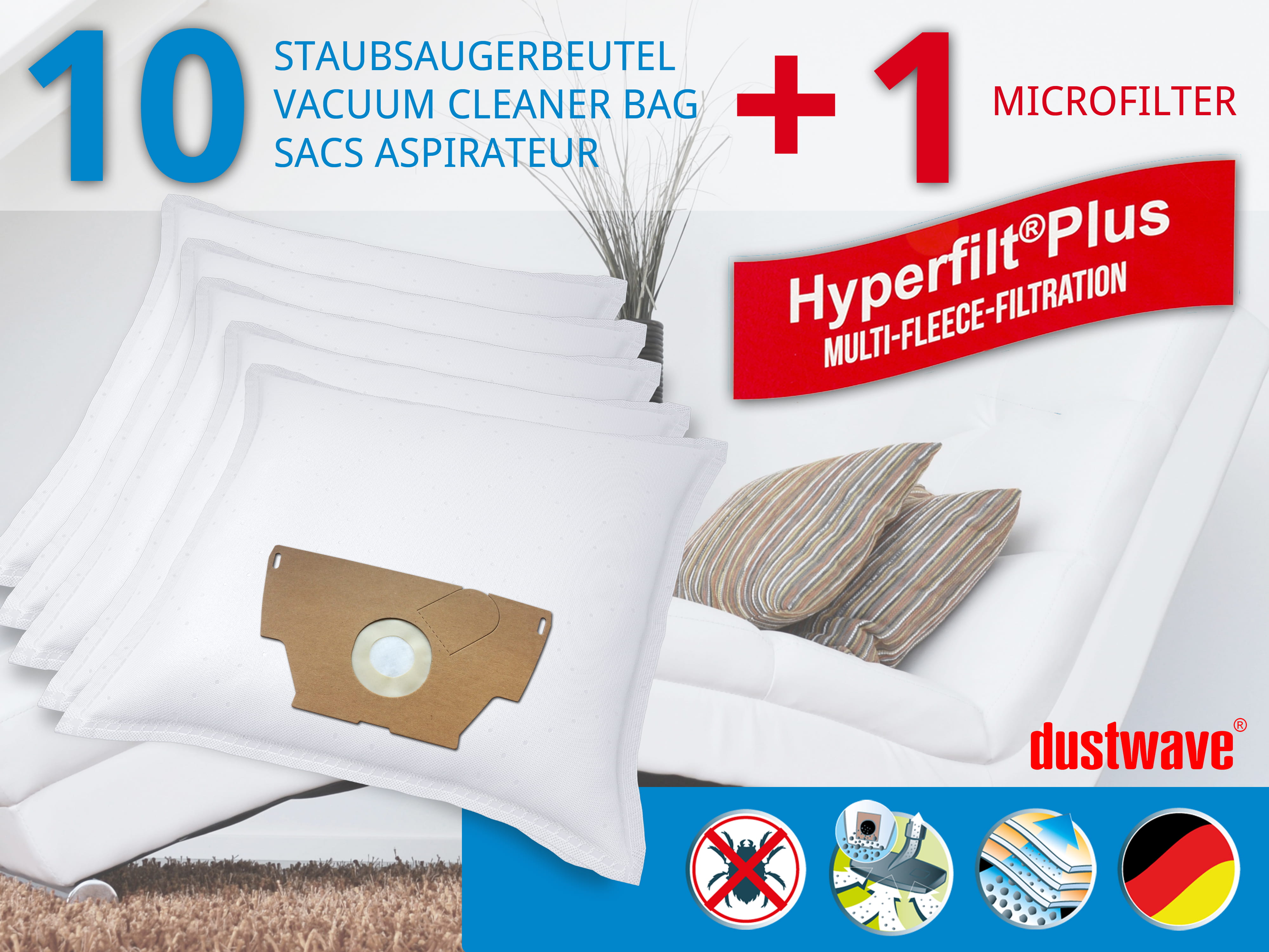 Dustwave® 10 Staubsaugerbeutel für Base BA 1200 / BA1200 - hocheffizient, mehrlagiges Mikrovlies mit Hygieneverschluss - Made in Germany