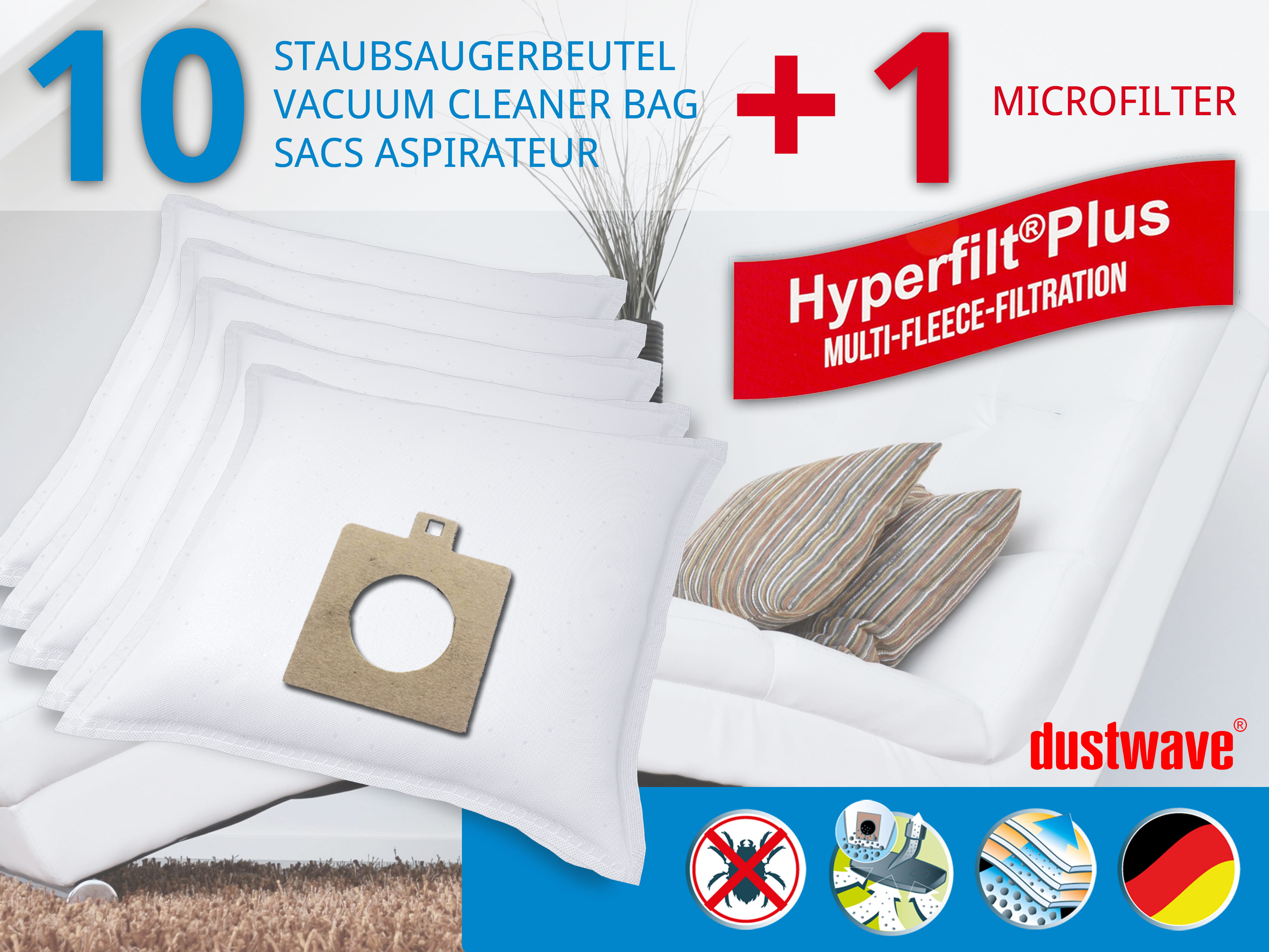 Dustwave® 10 Staubsaugerbeutel für Delta KS 1202 - hocheffizient, mehrlagiges Mikrovlies mit Hygieneverschluss - Made in Germany