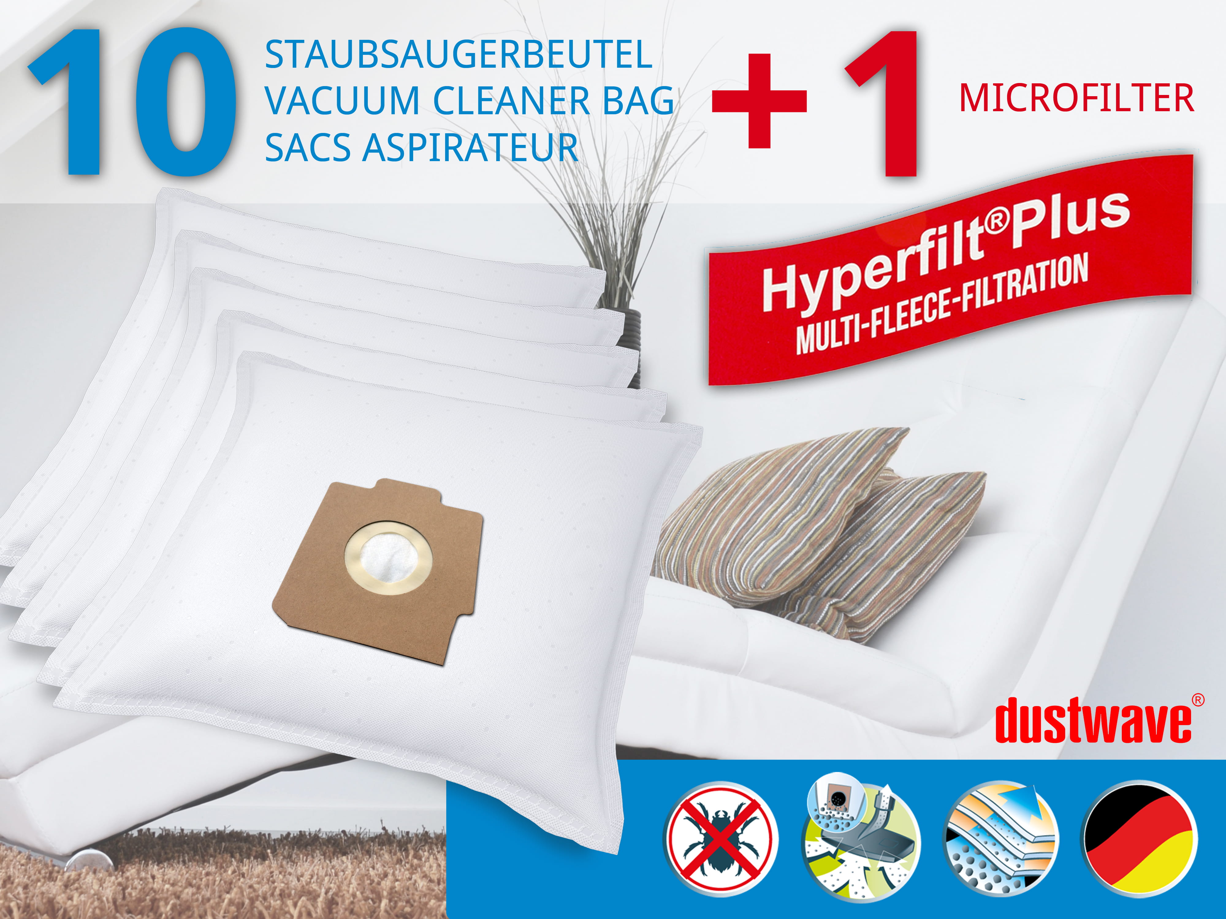 Dustwave® 10 Staubsaugerbeutel für Hoover S3134 / TRS3134 - hocheffizient, mehrlagiges Mikrovlies mit Hygieneverschluss - Made in Germany