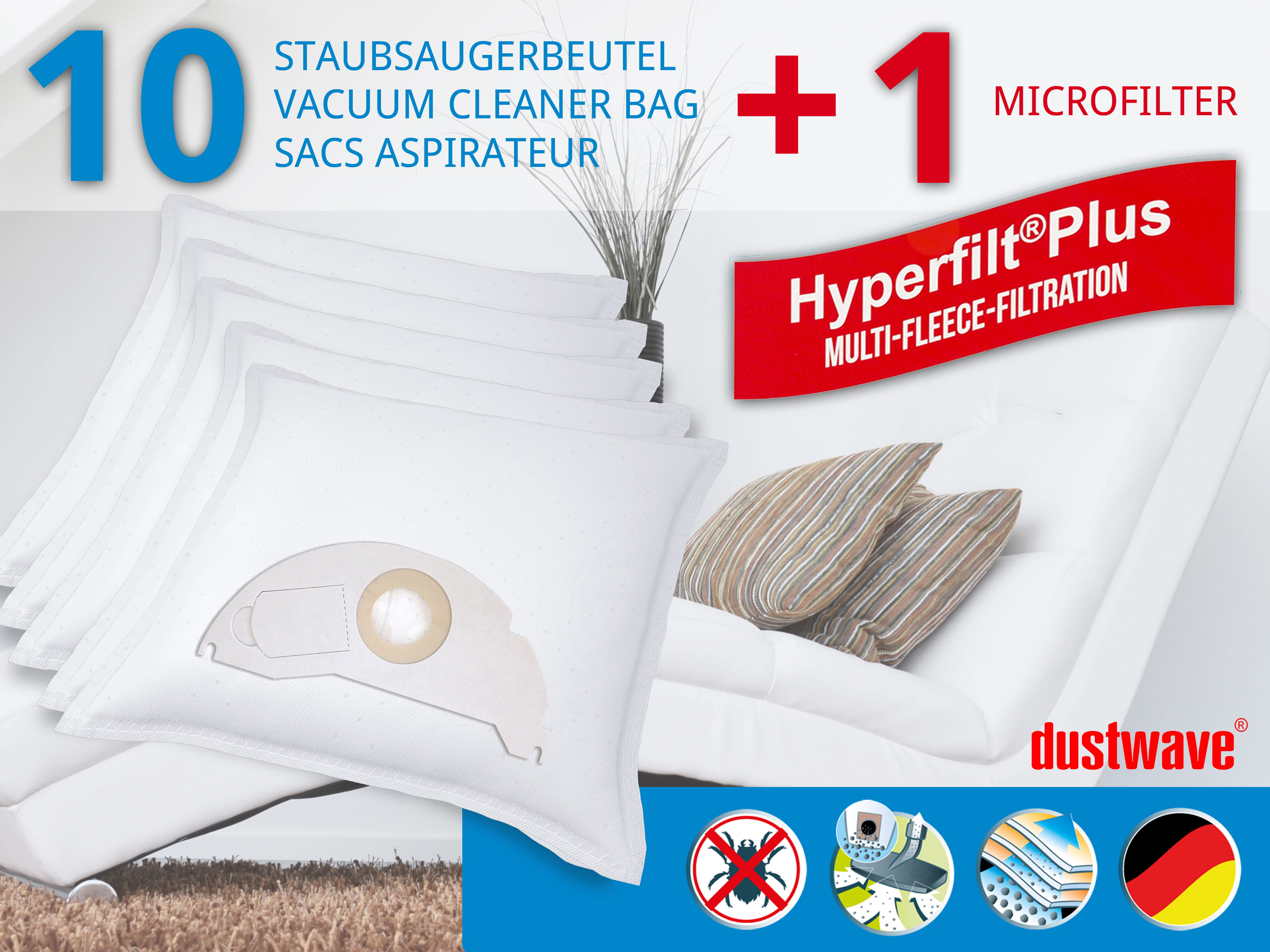 Dustwave® 10 Staubsaugerbeutel für Hoover BD S4125011 - hocheffizient, mehrlagiges Mikrovlies mit Hygieneverschluss - Made in Germany