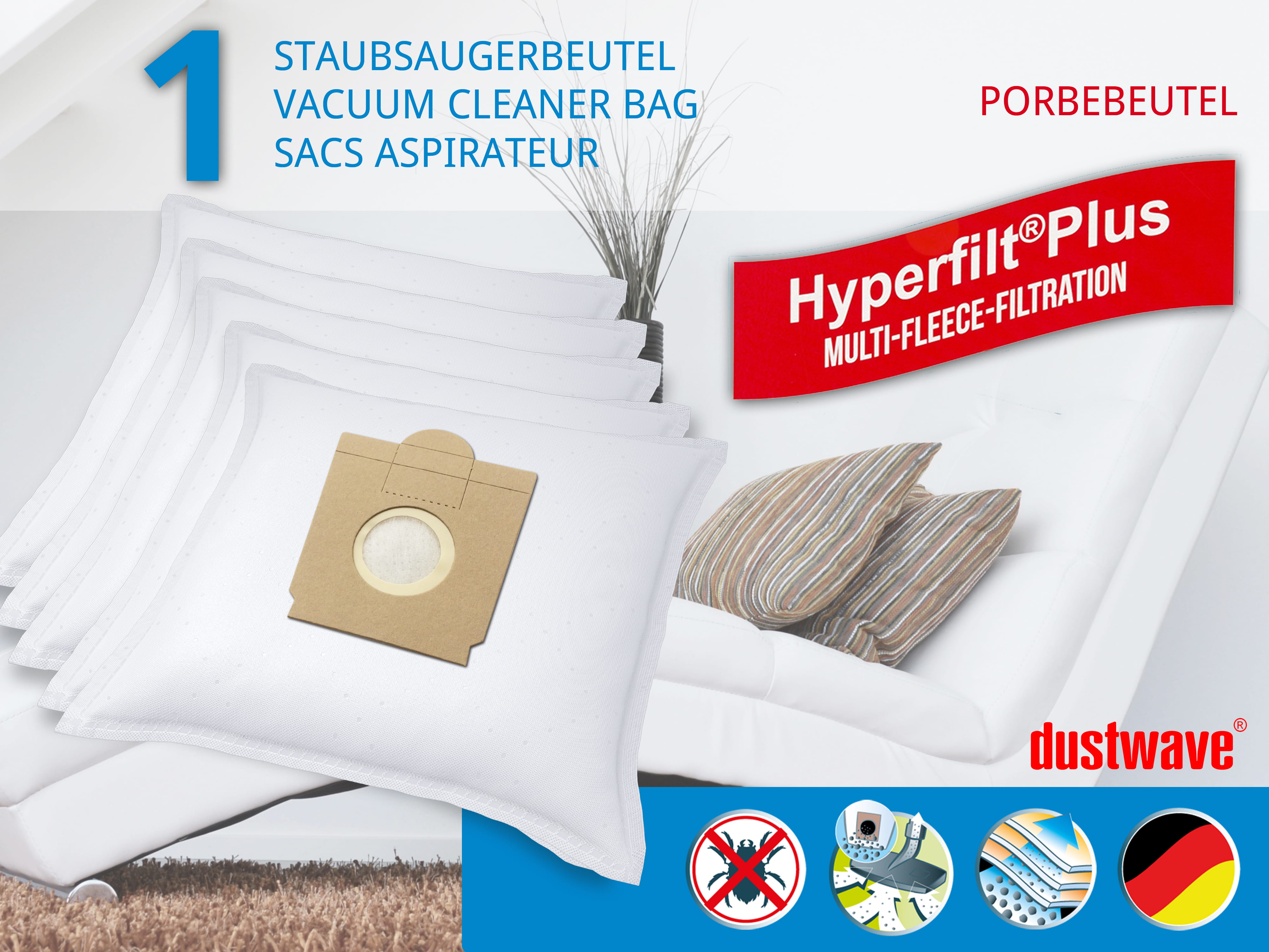 Dustwave® 1 Staubsaugerbeutel für Baur 340.895 / 340-895 - hocheffizient mit Hygieneverschluss - Made in Germany