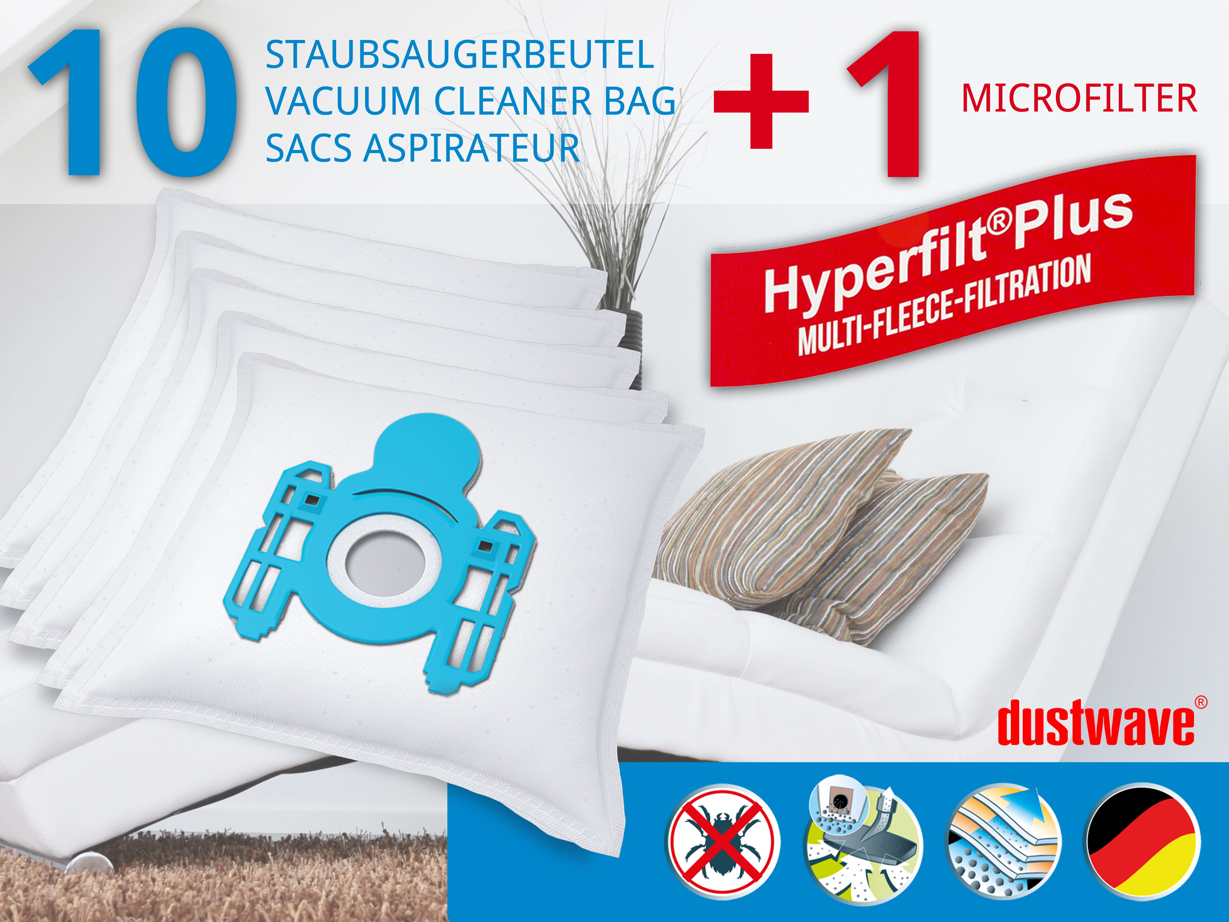 Dustwave® 10 Staubsaugerbeutel für AEG Vampyr CE Azzurro - hocheffizient, mehrlagiges Mikrovlies mit Hygieneverschluss - Made in Germany