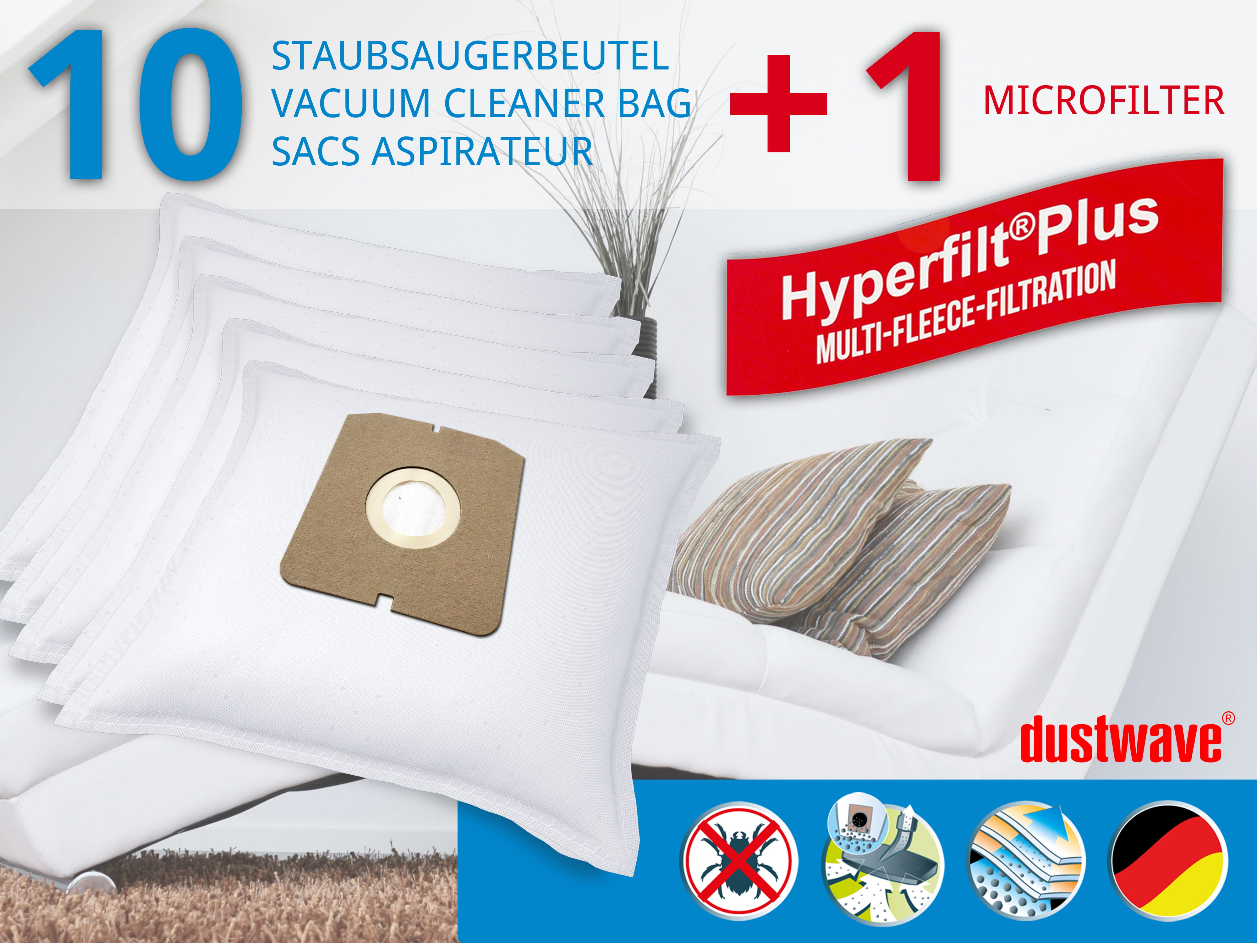 Dustwave® 10 Staubsaugerbeutel für SWIRL Z 113 - hocheffizient, mehrlagiges Mikrovlies mit Hygieneverschluss - Made in Germany