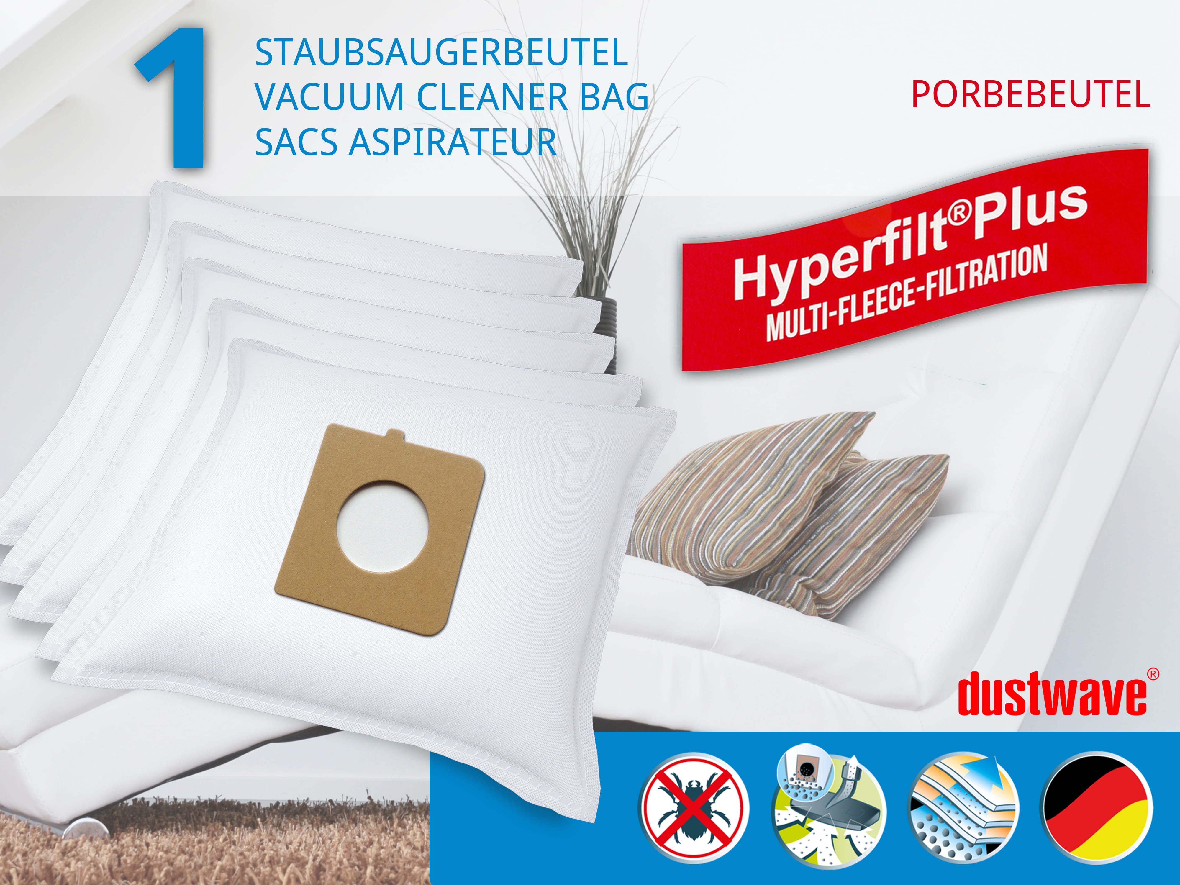Dustwave® 1 Staubsaugerbeutel für Hoover Orig.-Nr. H81 Telios Extra - hocheffizient, mehrlagiges Mikrovlies mit Hygieneverschluss - Made in Germany