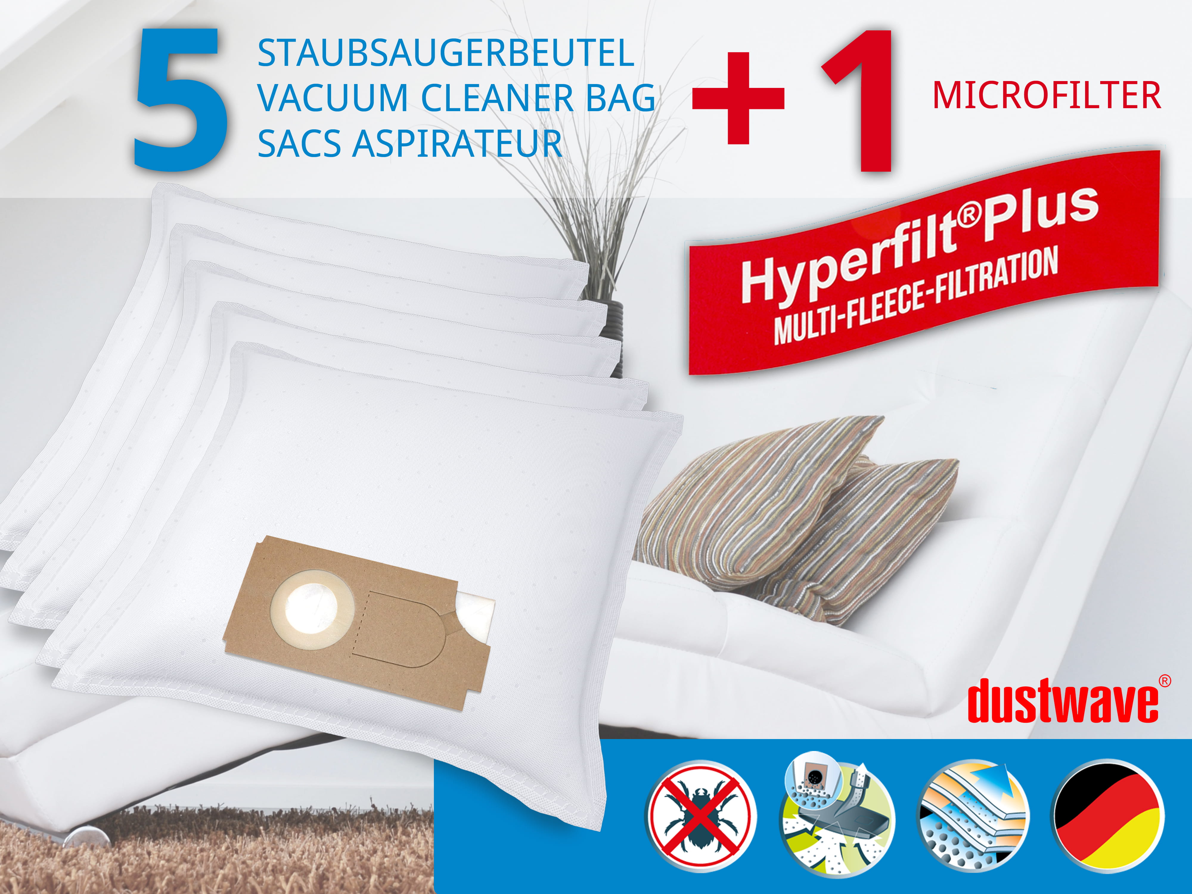 Dustwave® 5 Staubsaugerbeutel für Borema BS 460 / BS460 - hocheffizient, mehrlagiges Mikrovlies mit Hygieneverschluss - Made in Germany