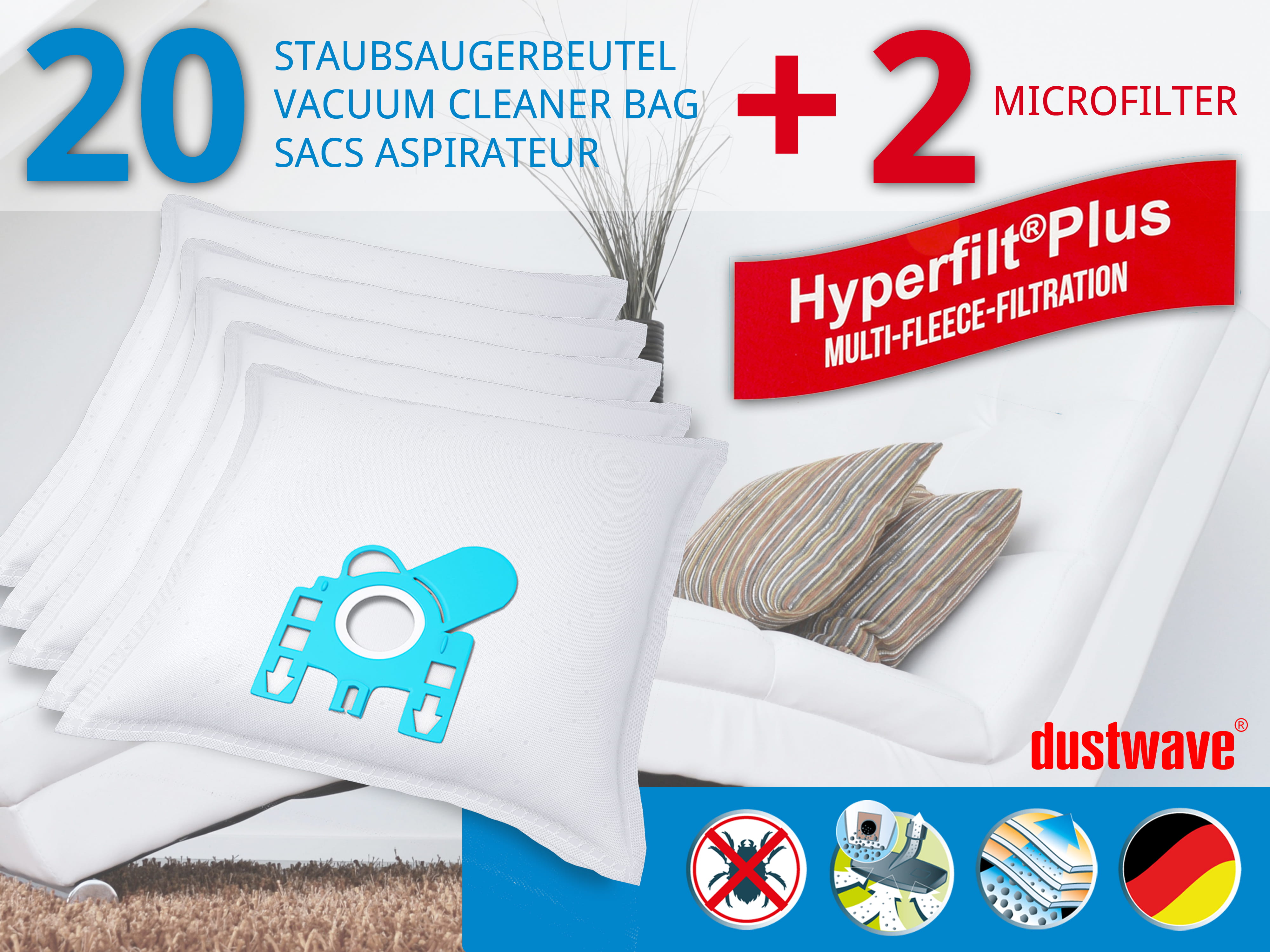 Dustwave® 20 Staubsaugerbeutel für Hoover TS2260 Sensory - hocheffizient, mehrlagiges Mikrovlies mit Hygieneverschluss - Made in Germany