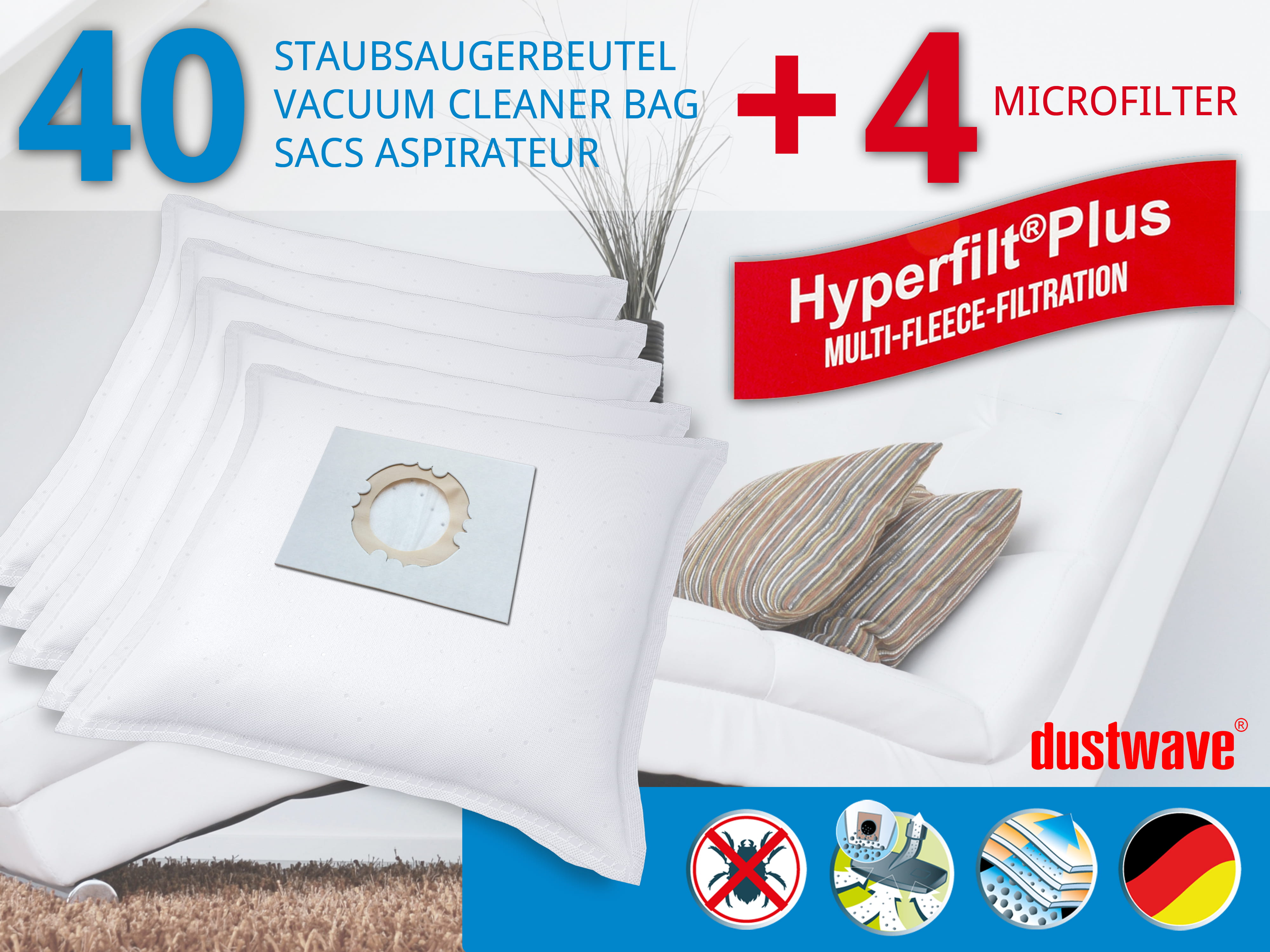 Dustwave® 40 Staubsaugerbeutel für Hoover H 33 / H33 - hocheffizient, mehrlagiges Mikrovlies mit Hygieneverschluss - Made in Germany