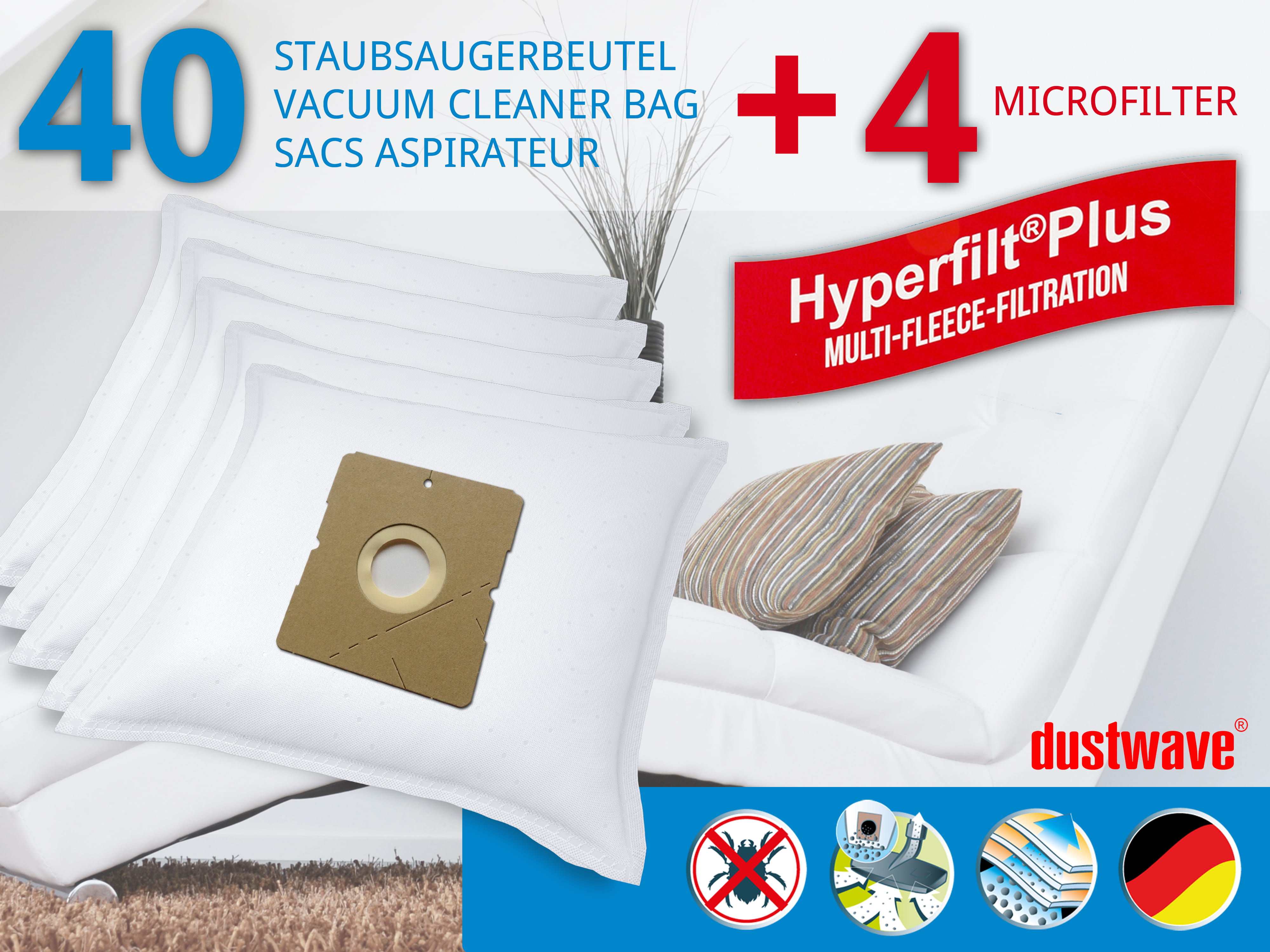 Dustwave® 40 Staubsaugerbeutel für SWIRL Y 12 - hocheffizient, mehrlagiges Mikrovlies mit Hygieneverschluss - Made in Germany