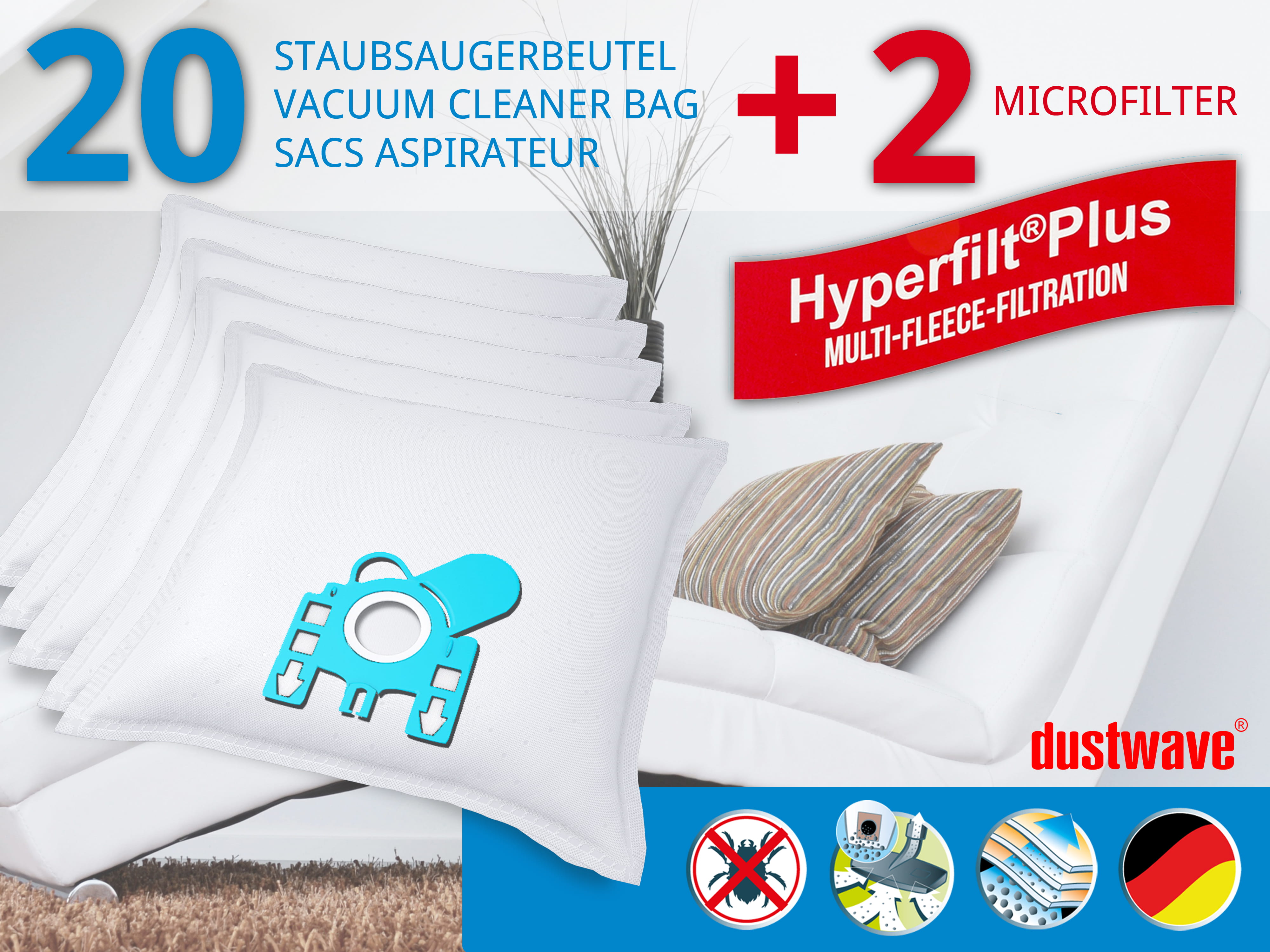 Dustwave® 20 Staubsaugerbeutel für Miele S824 / S 824 - hocheffizient, mehrlagiges Mikrovlies mit Hygieneverschluss - Made in Germany
