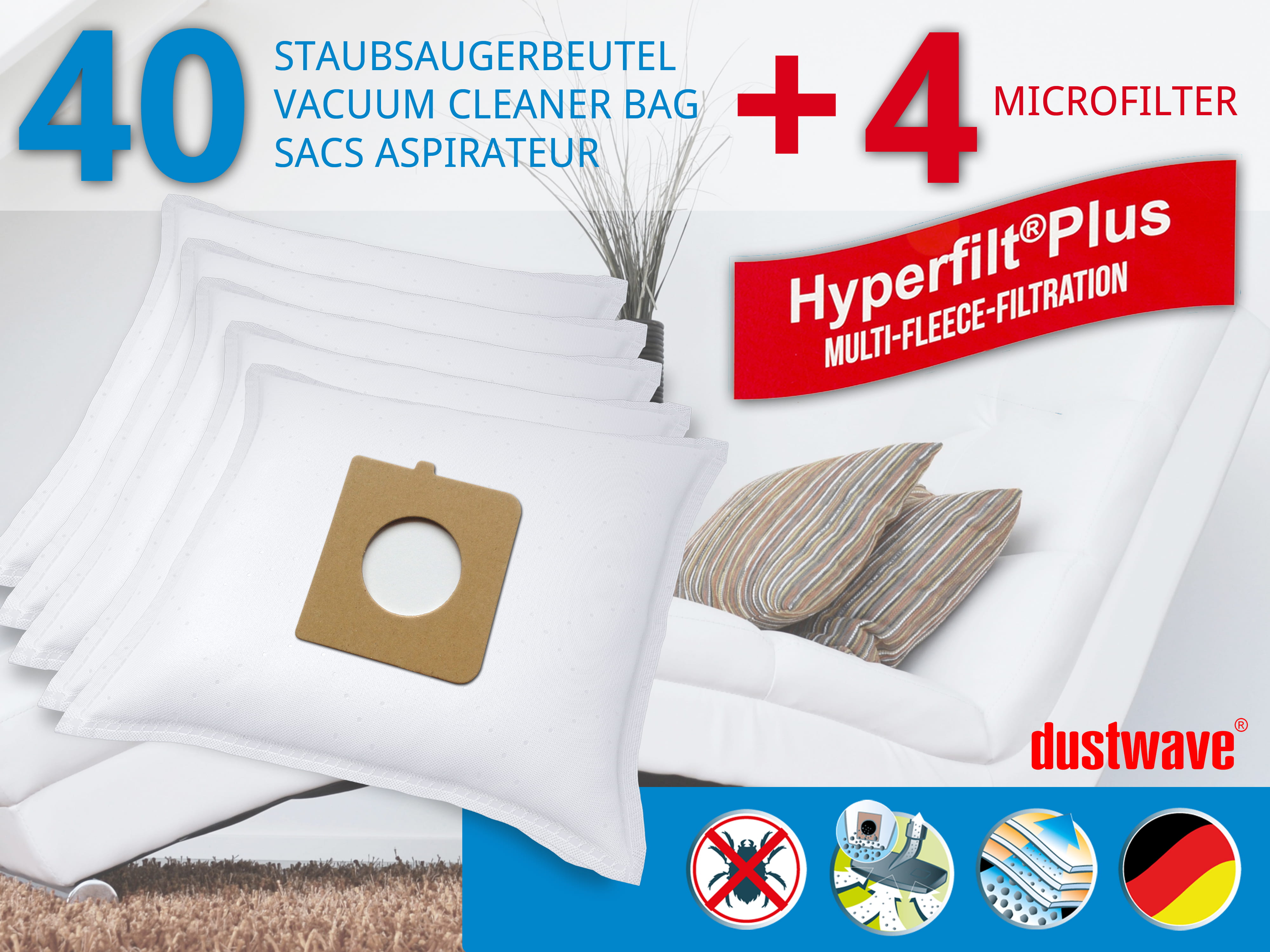 Dustwave® 40 Staubsaugerbeutel für Hoover Orig.-Nr. H81 Telios Extra - hocheffizient, mehrlagiges Mikrovlies mit Hygieneverschluss - Made in Germany