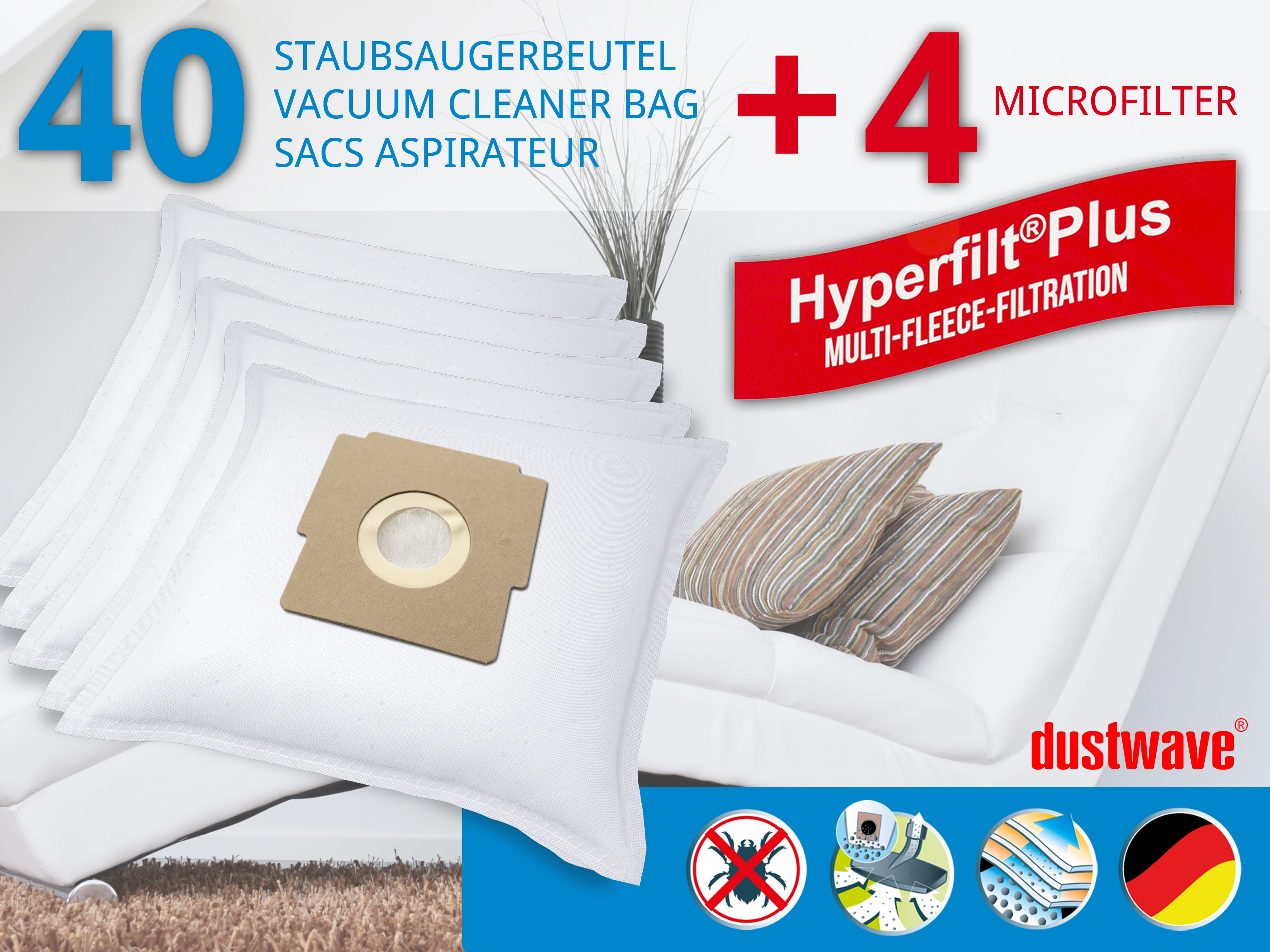 Dustwave® 40 Staubsaugerbeutel für SWIRL Z 111 - hocheffizient, mehrlagiges Mikrovlies mit Hygieneverschluss - Made in Germany