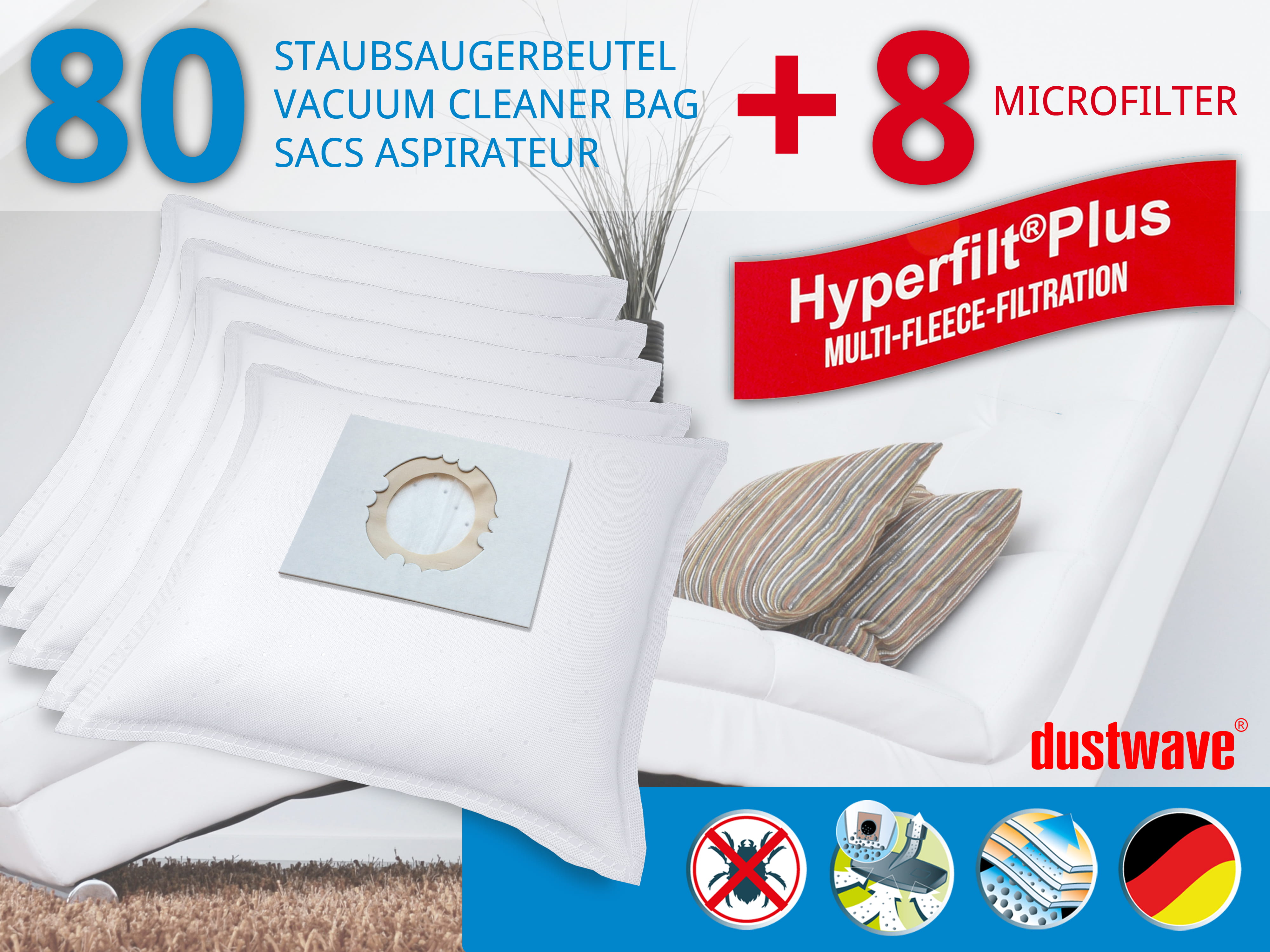 80 Staubsaugerbeutel + 8 Filter mehrlagiges Micro-Vlies für AEG, ELECTRULUX geeignet und kompatibel mit AmazonBasics A21 - dustwave® Markenstaubbeutel Made in Germany