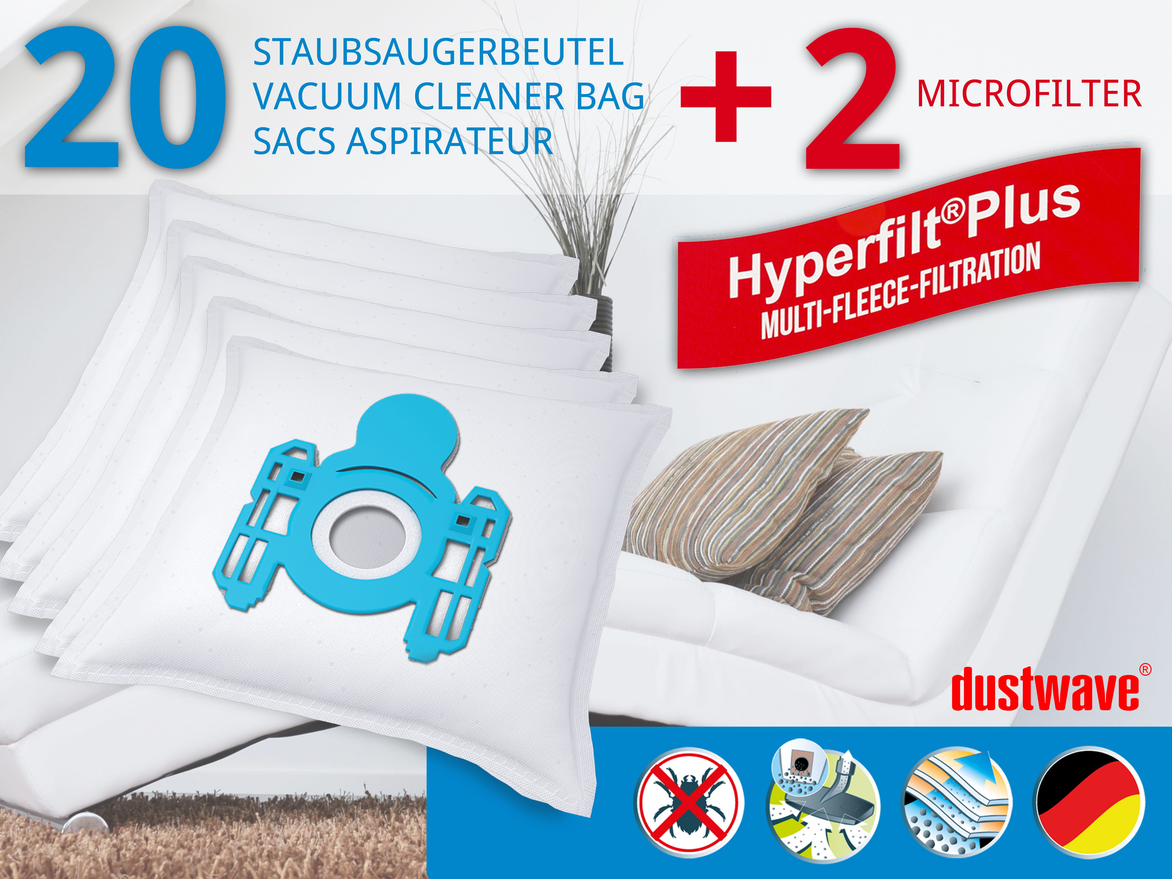 Dustwave® 20 Staubsaugerbeutel für AquaPur AE 700 - hocheffizient, mehrlagiges Mikrovlies mit Hygieneverschluss - Made in Germany
