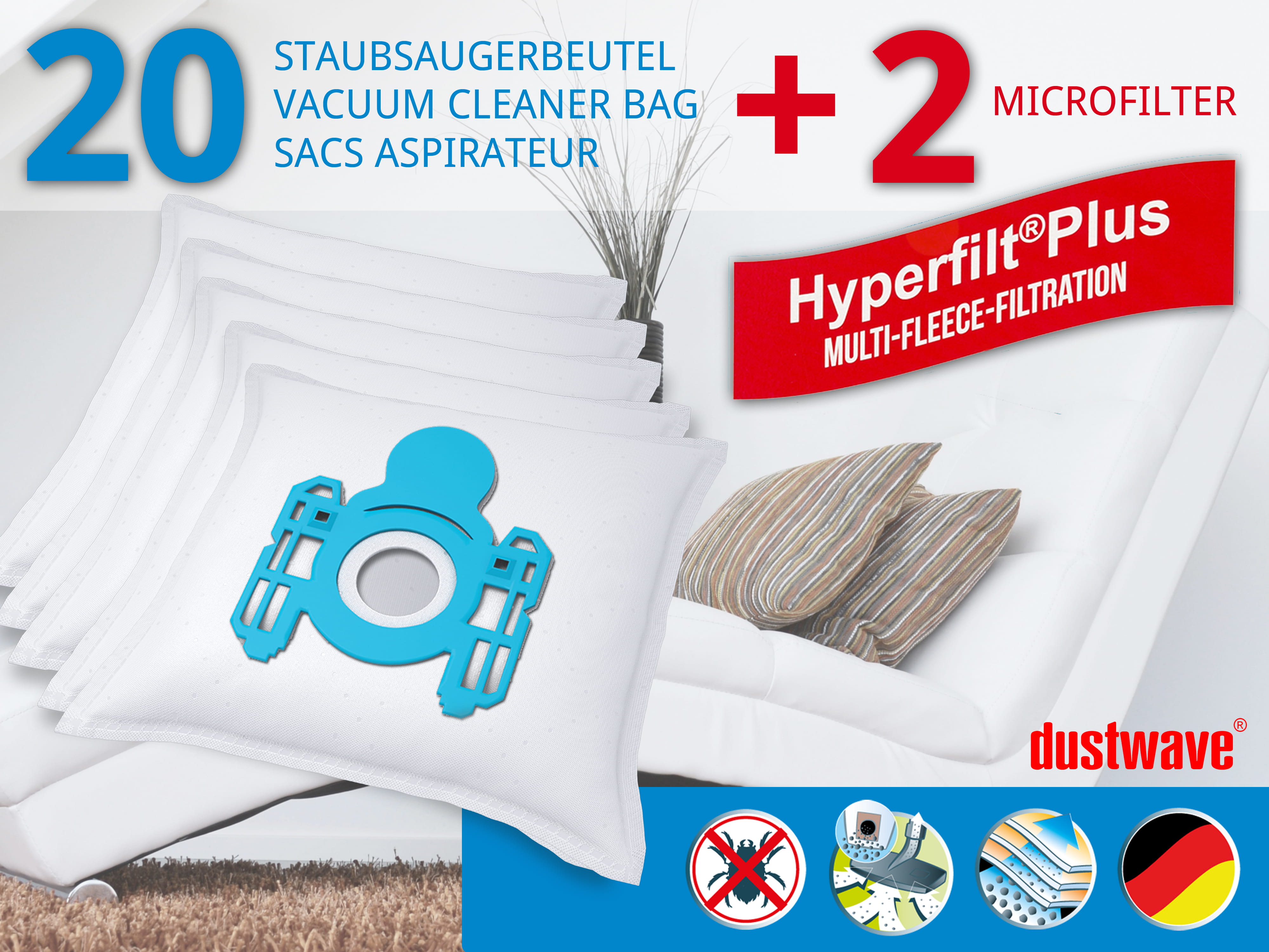 Dustwave® 20 Staubsaugerbeutel für AEG Vampyr CE Carat 158 - hocheffizient, mehrlagiges Mikrovlies mit Hygieneverschluss - Made in Germany