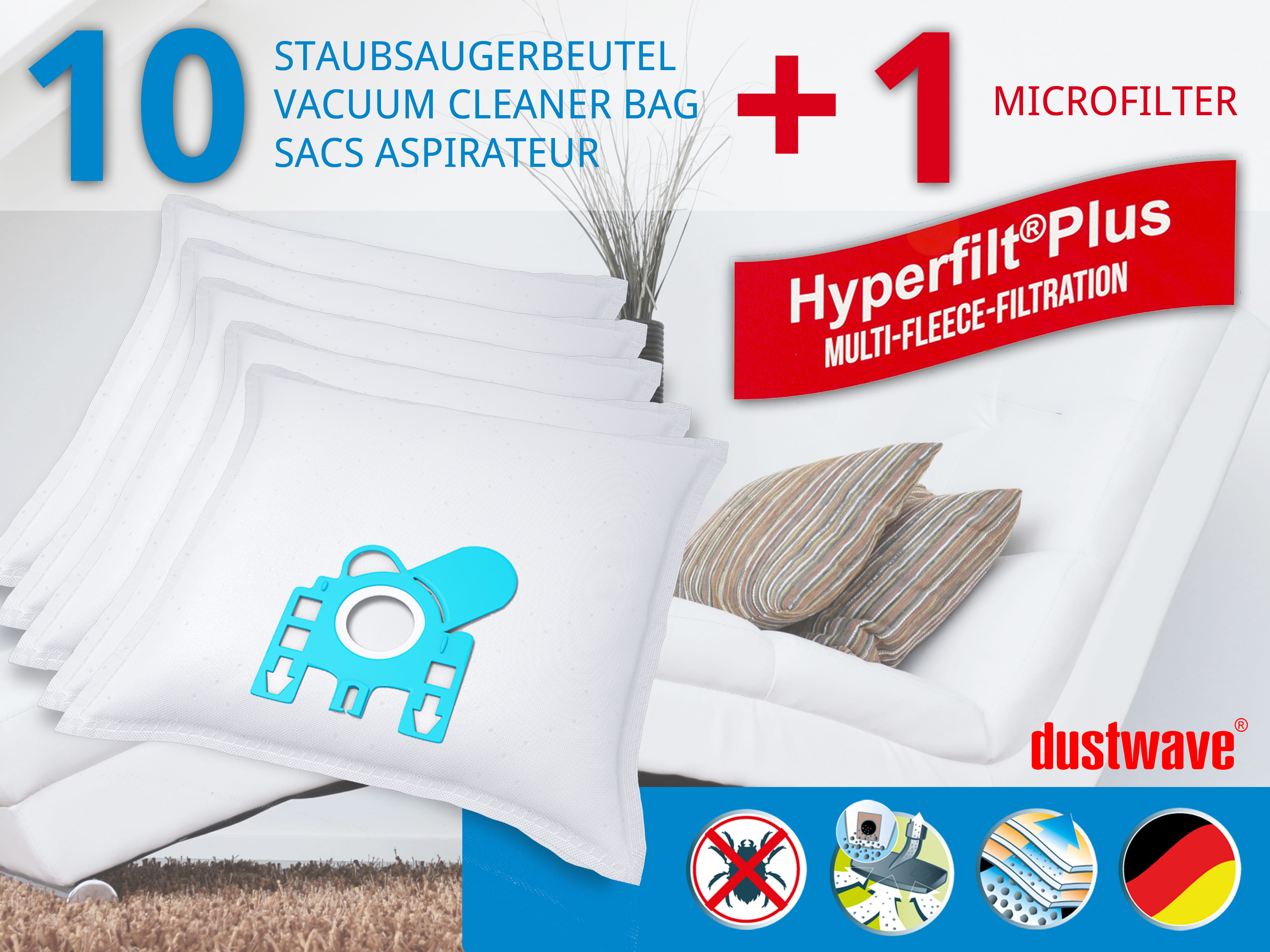 Dustwave® 10 Staubsaugerbeutel für Hoover TS2165 / TRTS2165 Sensory - hocheffizient, mehrlagiges Mikrovlies mit Hygieneverschluss - Made in Germany