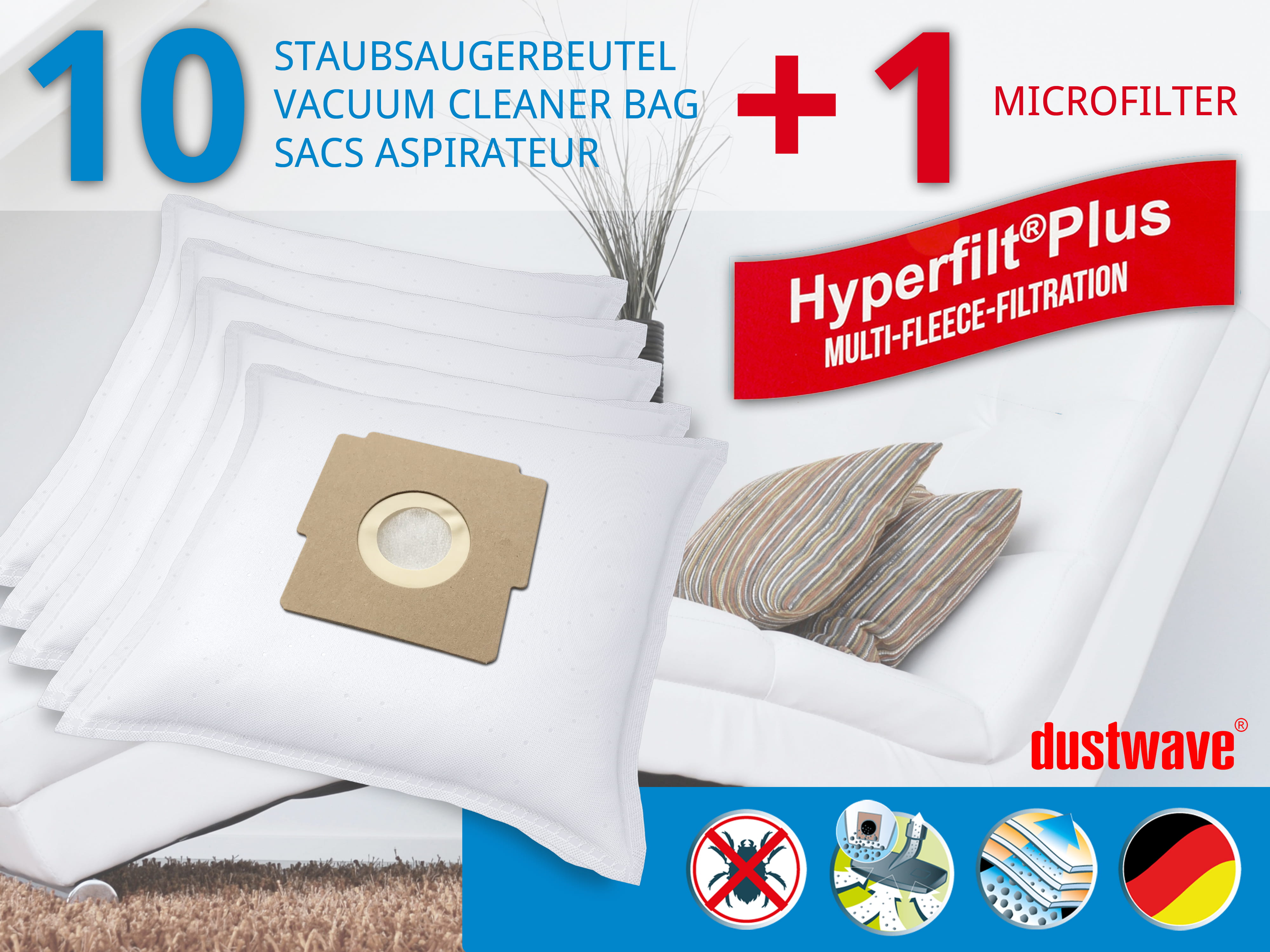 Dustwave® 10 Staubsaugerbeutel für Bestron K 00020 / K00020 - hocheffizient, mehrlagiges Mikrovlies mit Hygieneverschluss - Made in Germany