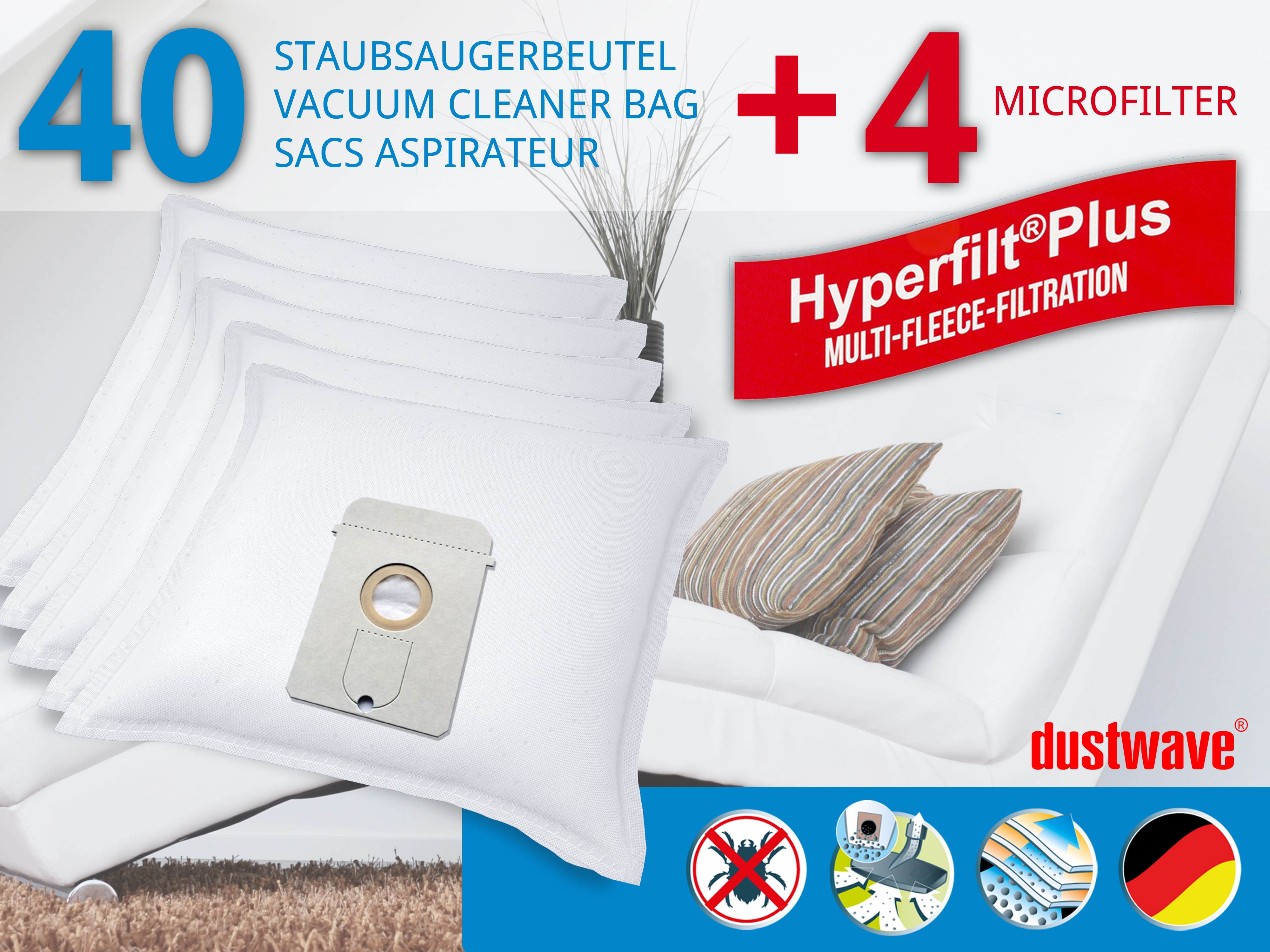 Dustwave® 40 Staubsaugerbeutel für AEG Vampyr 6200 Electronic - hocheffizient, mehrlagiges Mikrovlies mit Hygieneverschluss - Made in Germany