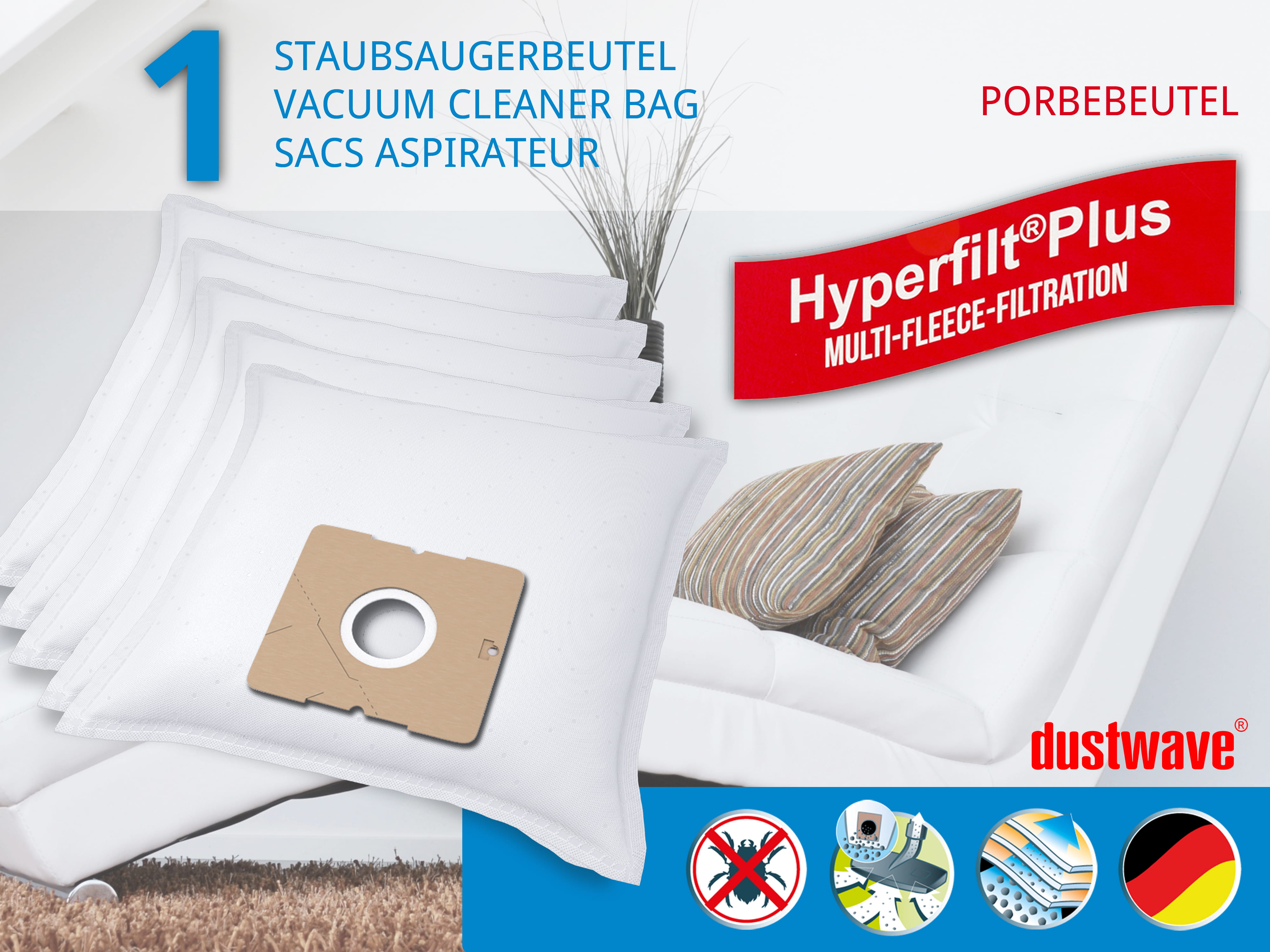 Dustwave® 1 Staubsaugerbeutel für Progress Stuttgart PC 3720, PC 3726, PC 3727, PC 2361 W1820 - hocheffizient mit Hygieneverschluss - Made in Germany