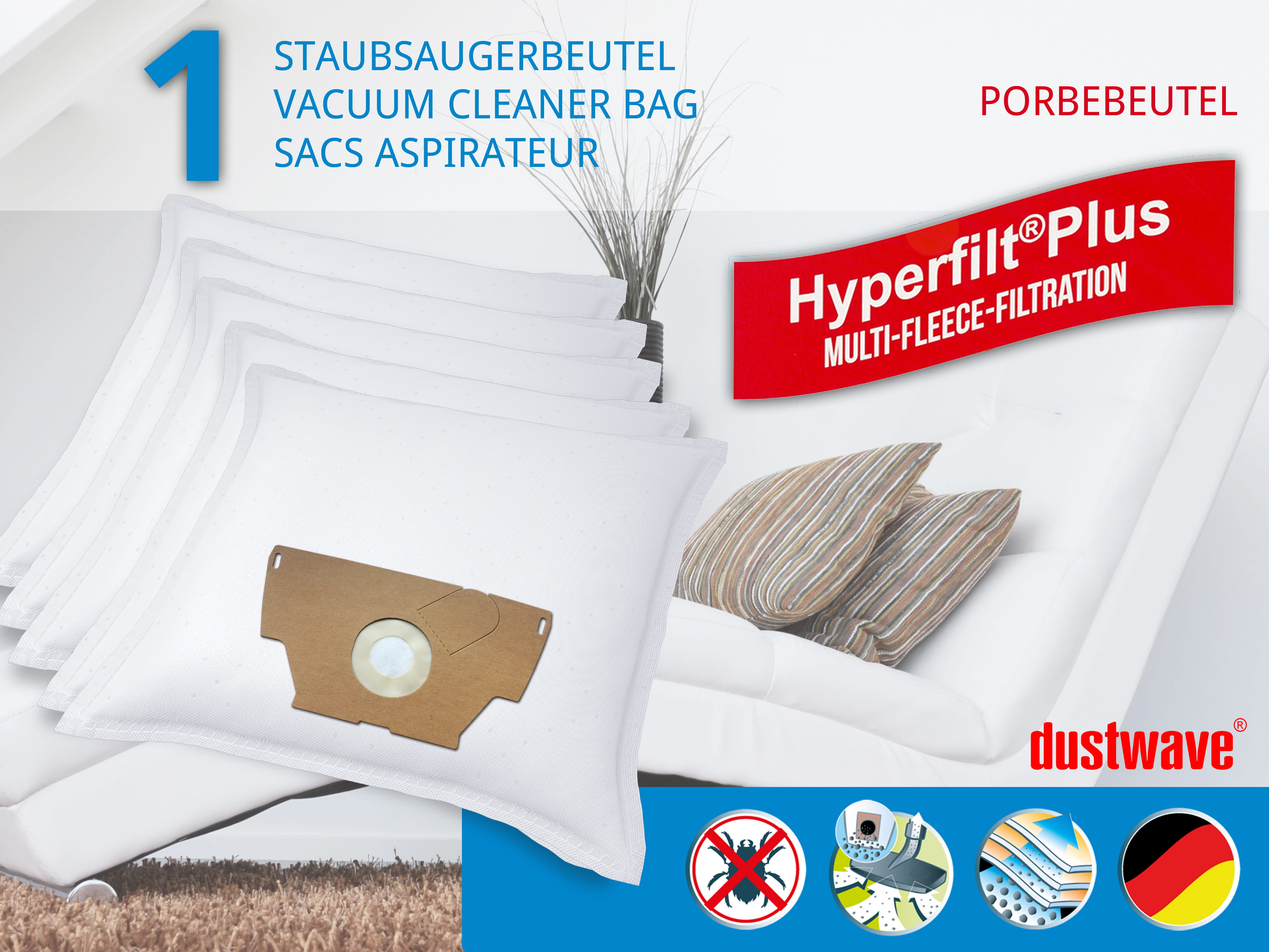 Dustwave® 1 Staubsaugerbeutel für Base BA 1200 / BA1200 - hocheffizient mit Hygieneverschluss - Made in Germany