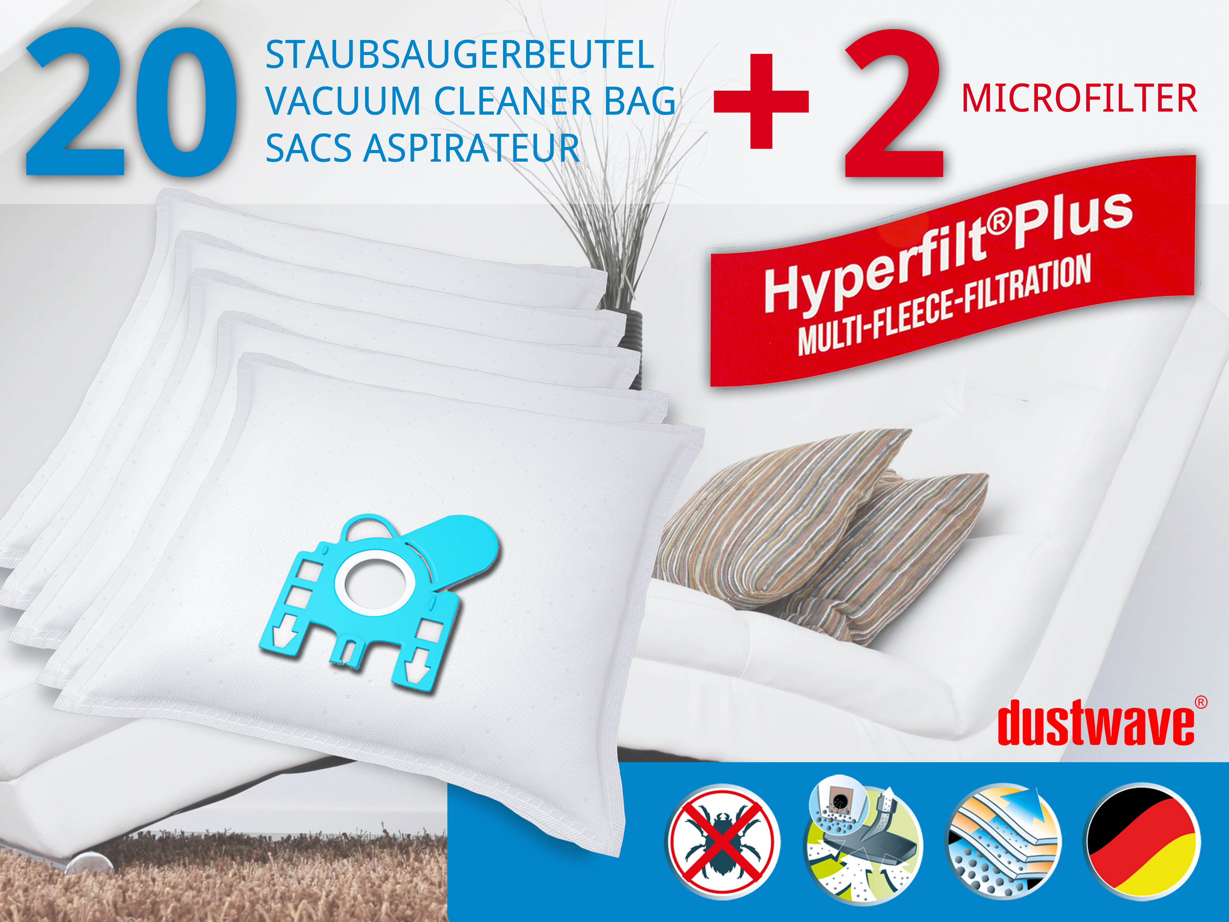 Dustwave® 20 Staubsaugerbeutel für Miele S6250 / S 6250 - hocheffizient, mehrlagiges Mikrovlies mit Hygieneverschluss - Made in Germany