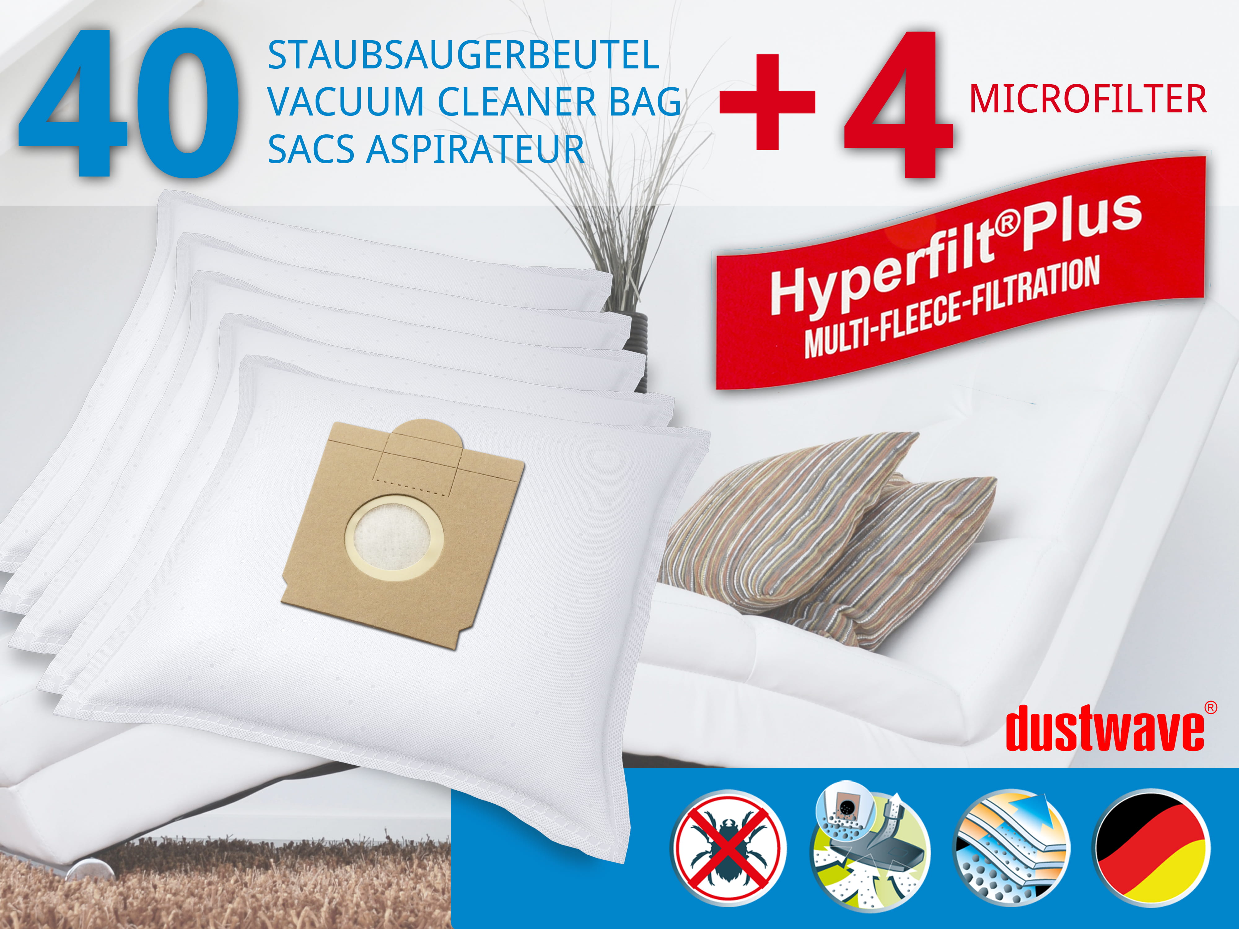 Dustwave® 40 Staubsaugerbeutel für SWIRL S 64 - hocheffizient, mehrlagiges Mikrovlies mit Hygieneverschluss - Made in Germany